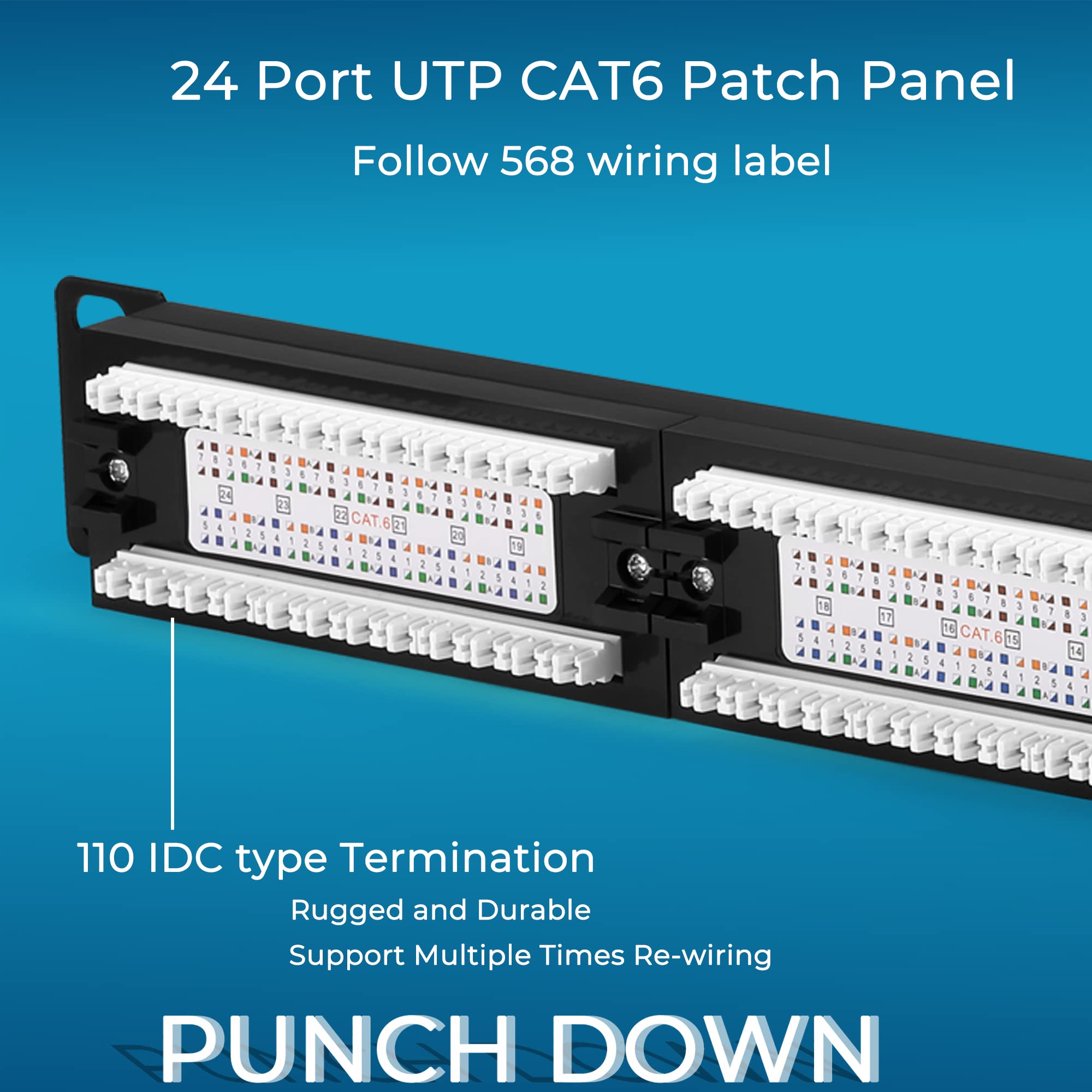 Rapink Patch Panel 24 Port Cat6 10G Support, Network Patch Panel Utp 19 Inch, Wallmount Or Rackmount 1U Ethernet Patch Panel Punch Down Block For Cat6, Cat5E, Cat5 Cabling