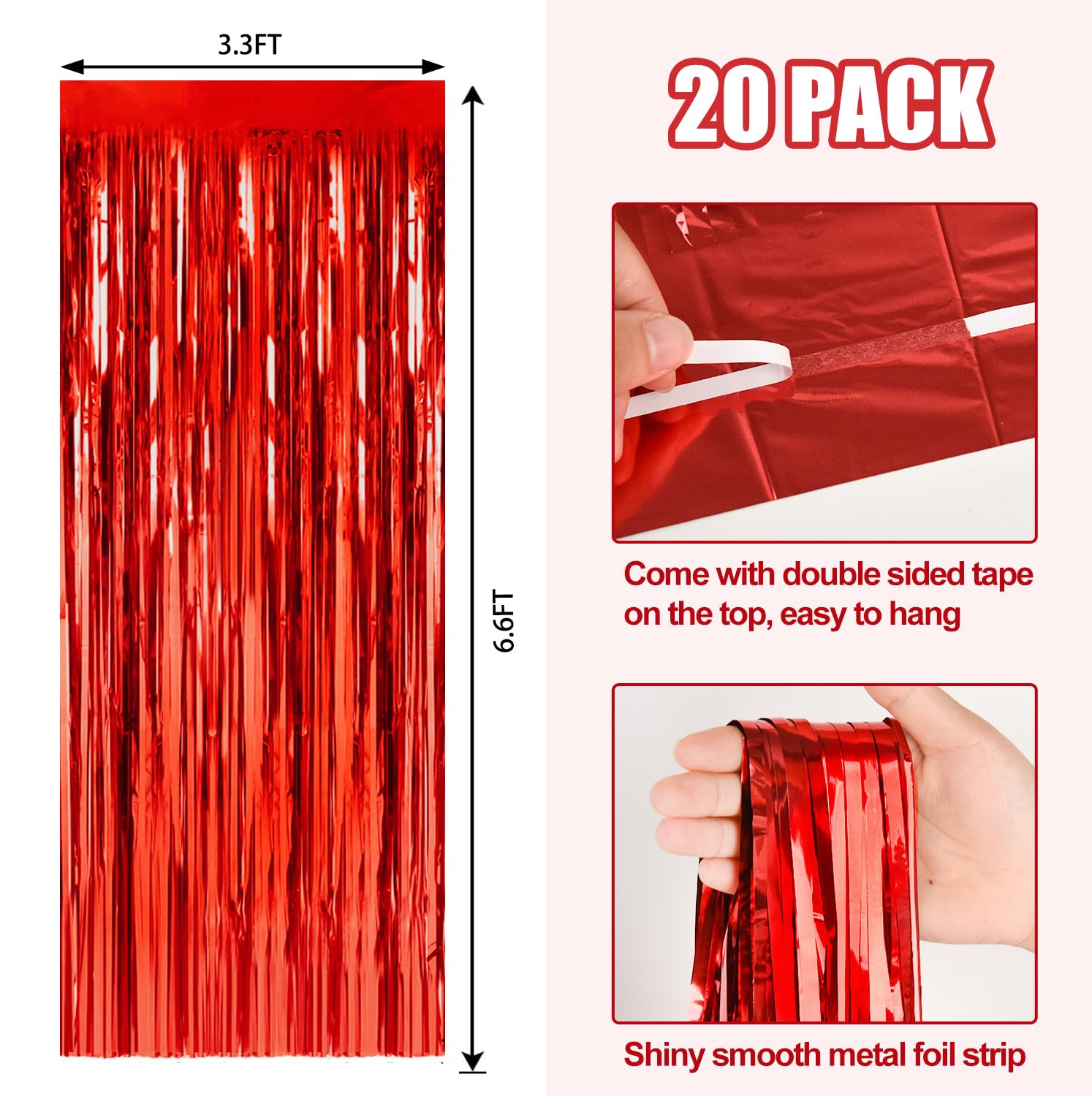 20 Pack Red Metallic Tinsel Foil Fringe Curtains Party Photo Backdrop Party Streamers For Birthday,Graduation,New Year Eve Decor