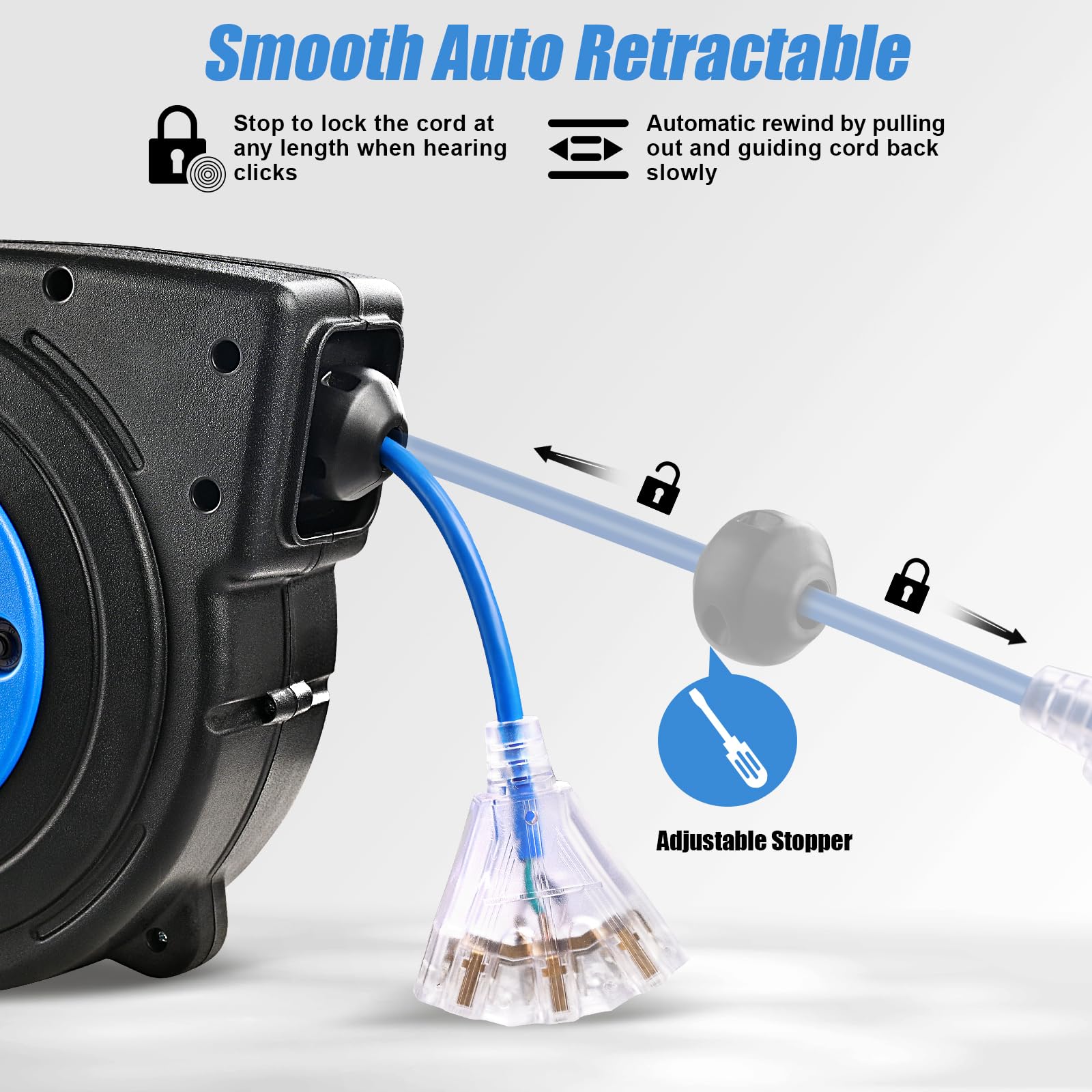 Suraielec Retractable Extension Cord Reel, 50 Ft 14 Awg/3C Sjtow Power Cord, 3 Outlets Triple Tap, 13 Amp Circuit Breaker, Ceili