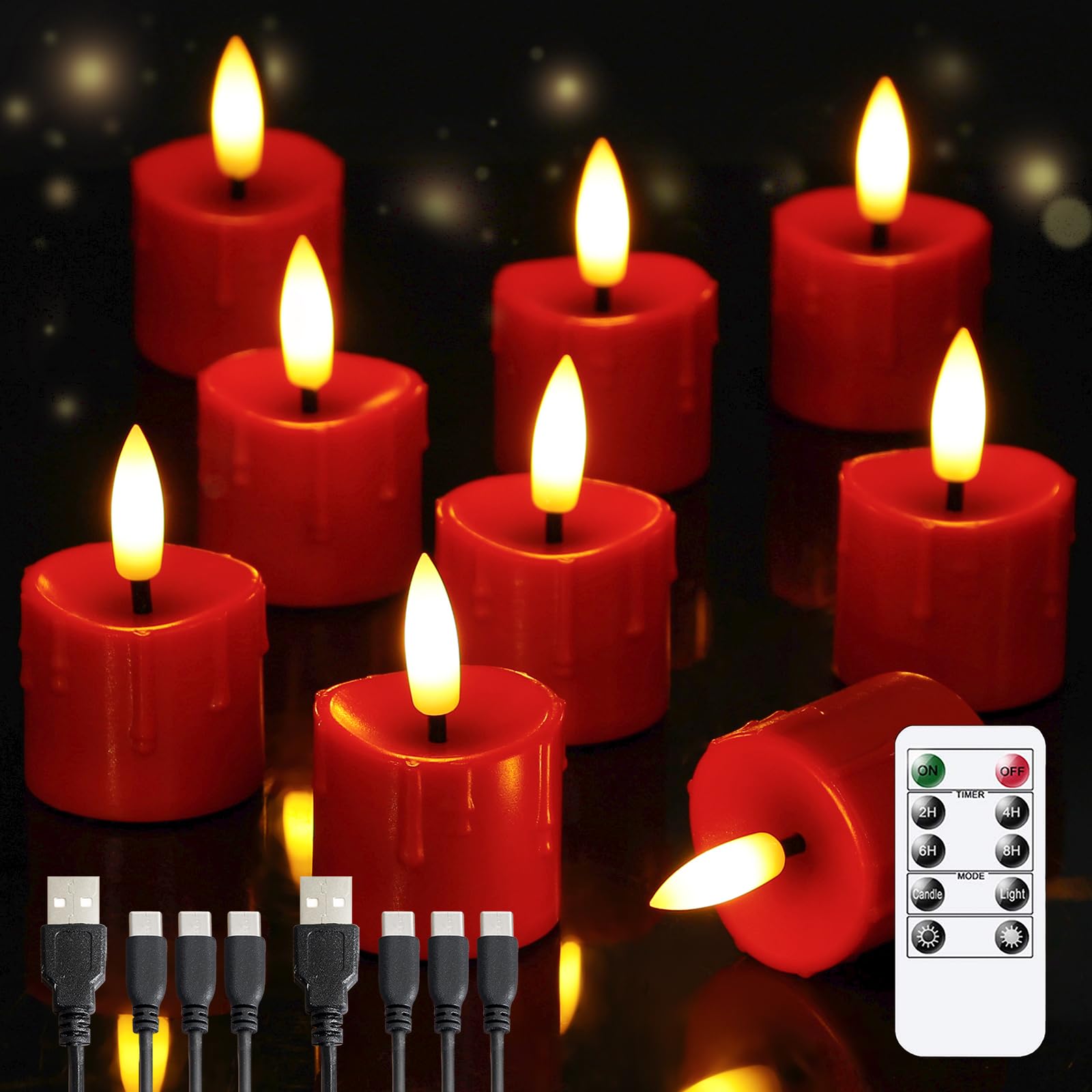 Yeelida Rechargeable Flameless 1.6 x2.5 Tea Light Candles with Remote & Type-C Charging Cable, Timer LED Flickering Red Plastic 