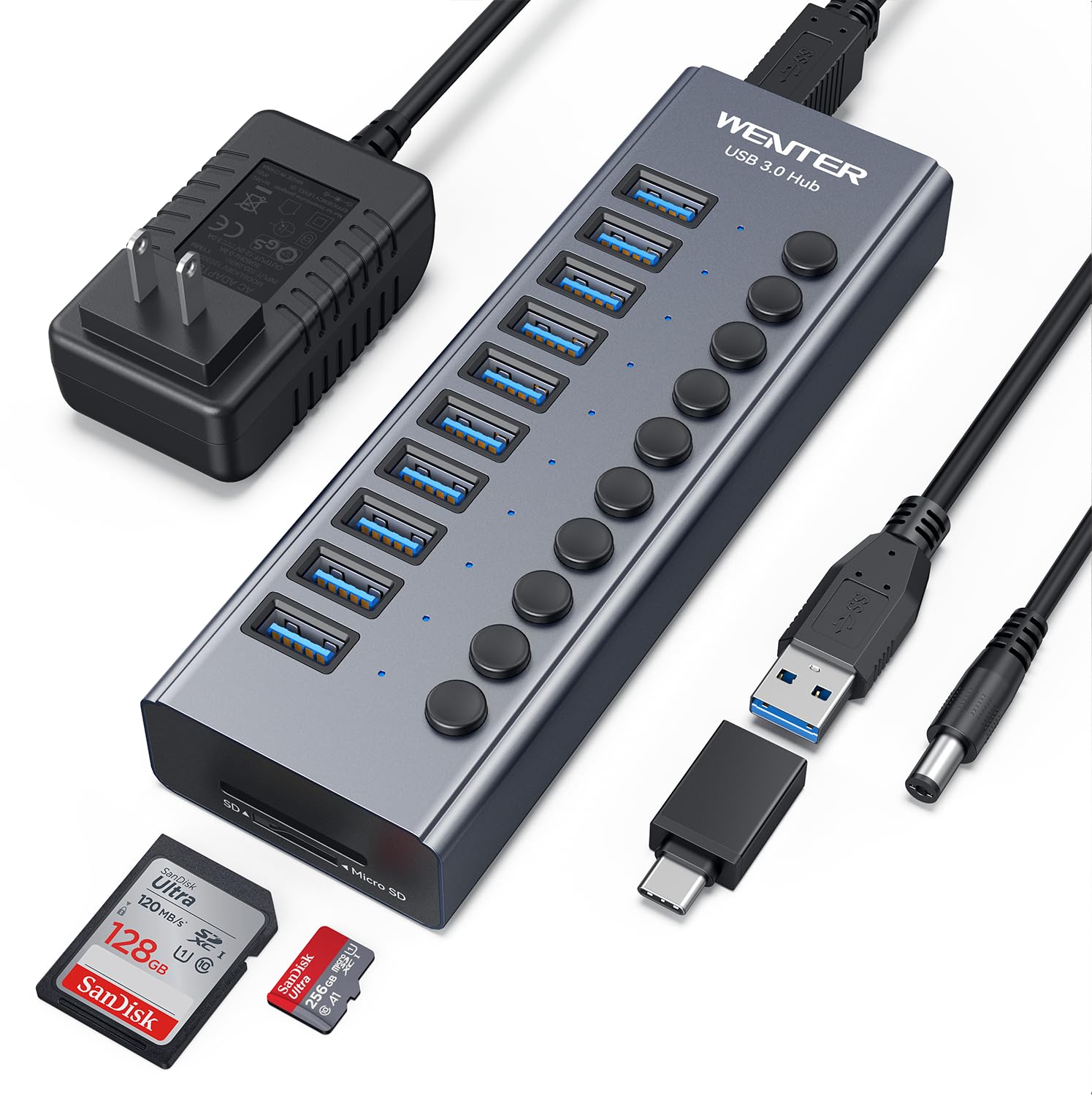 Powered Usb 3.0 Hub, Wenter 10 Ports 36W Powered Usb Hub, Aluminum Usb Splitter With Individual On/Off Switches, Sd/Tf Card Readers And 12V/3A Power Adapter For Pc/Laptops/Macbook Pro/Air/Imac/Ipad