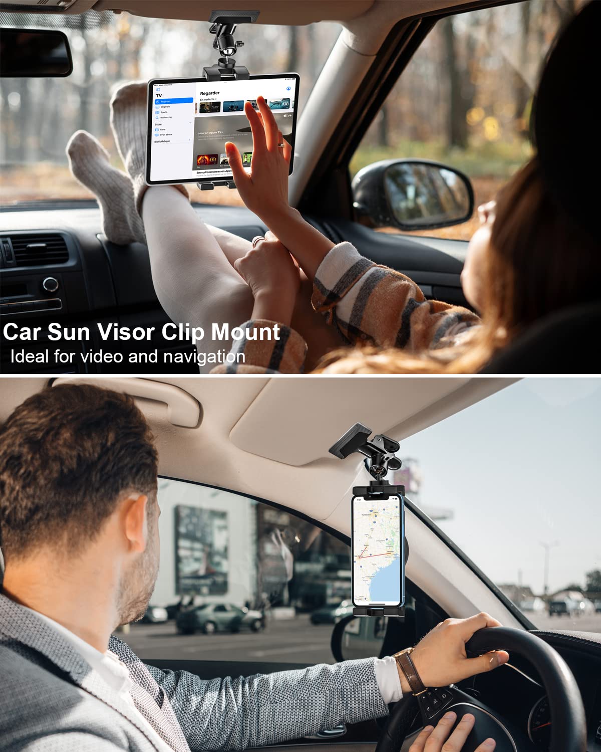 Woleyi Sun Visor Car Tablet Holder, Visor Clip Tablet Mount For Car, 360 Rotation Universal Steering Wheel Tablet Clamp With 1/4