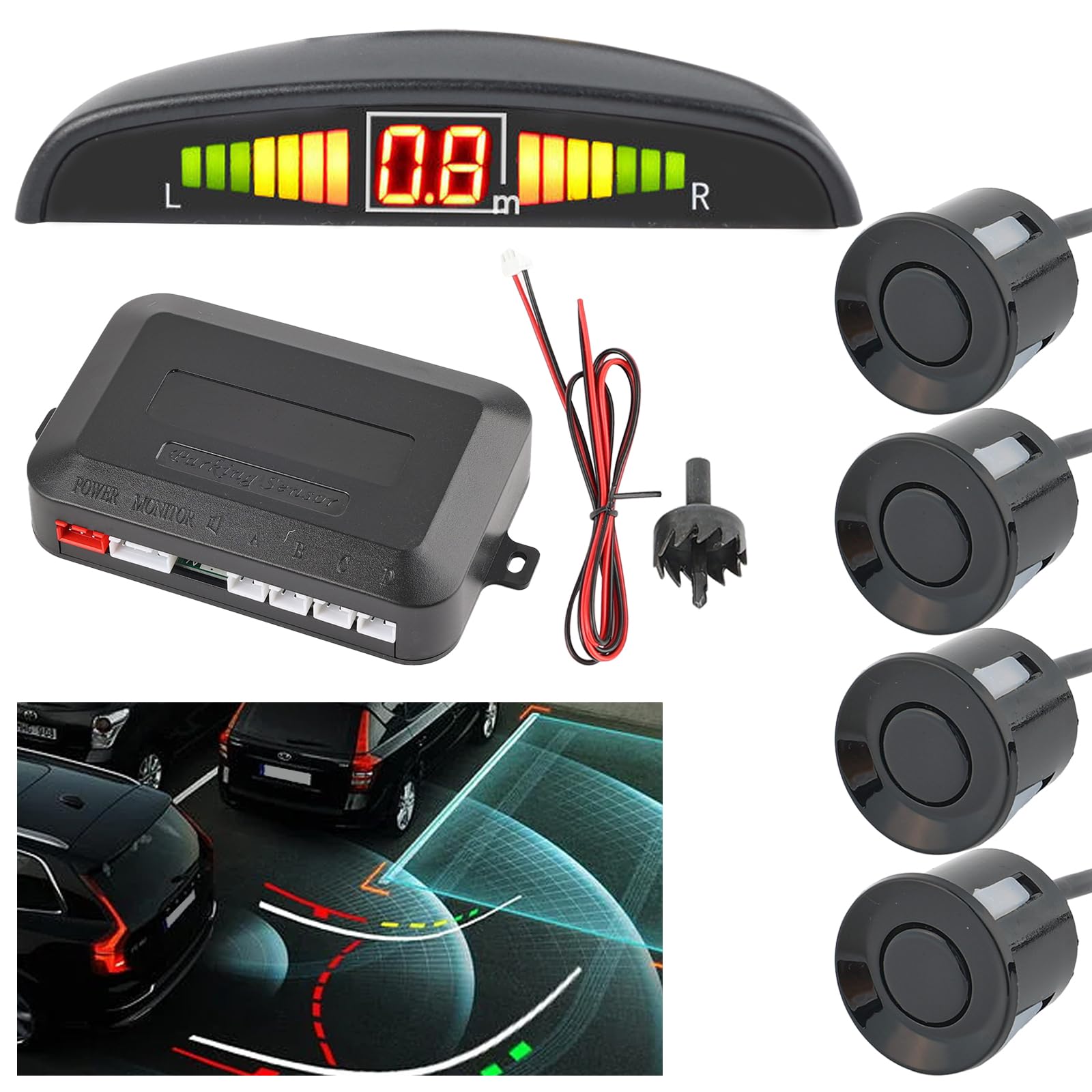 Reverse Backup Sensors Parking Radar System For Cars, 4 Parking Waterproof Detection Sensors Led Distance Display Warning Buzzer