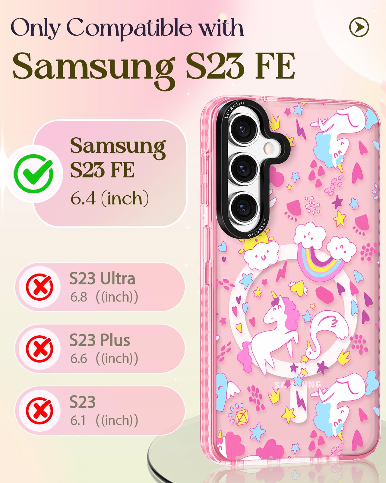 Lotadilo For Samsung Galaxy S23 Fe Case For Women - Girls Cute Design Compatible With Magsafe Magnetic Ring Holder Stand Rainbow