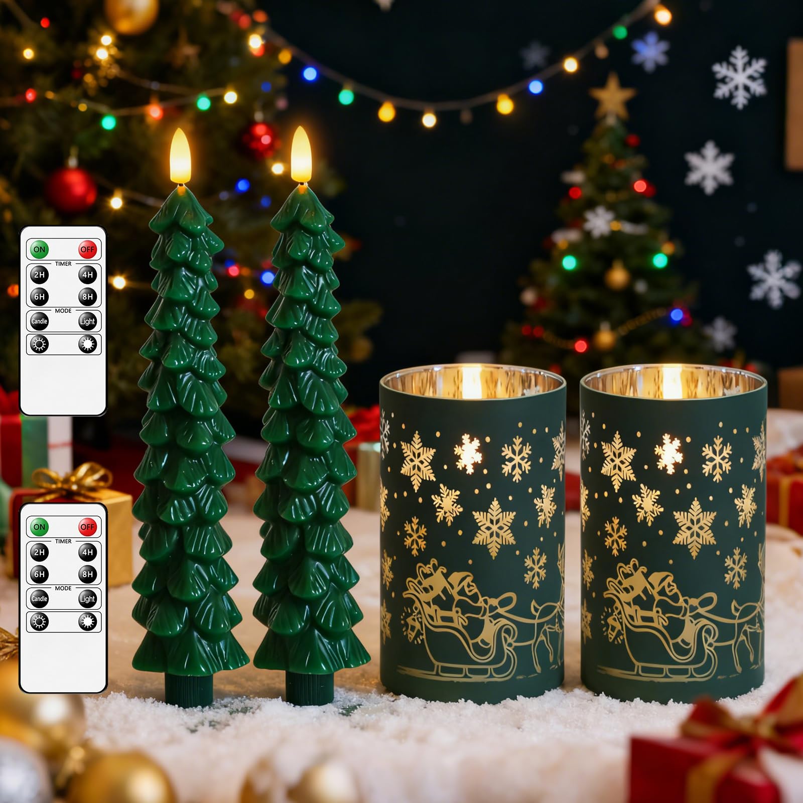 Lezonic Christmas Flameless Candles with Remote, Green Christmas Tree Flickering Battery Operated Window Candlesticks, Glass Fla