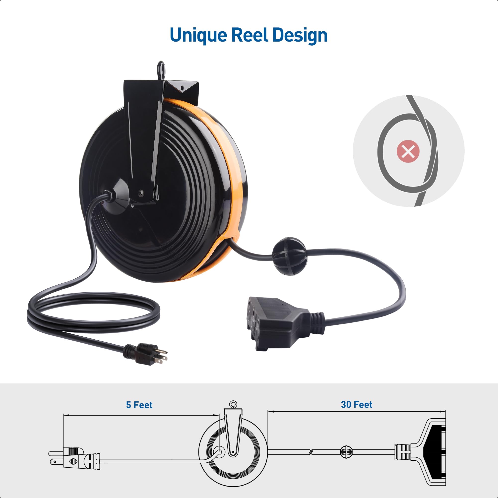 [Etl Listed] Cable Matters 35 Ft 3 Outlet Retractable Extension Cord Reel (Sjtw 16 Awg, 10A / 1250W) With Mounting Point In Blac