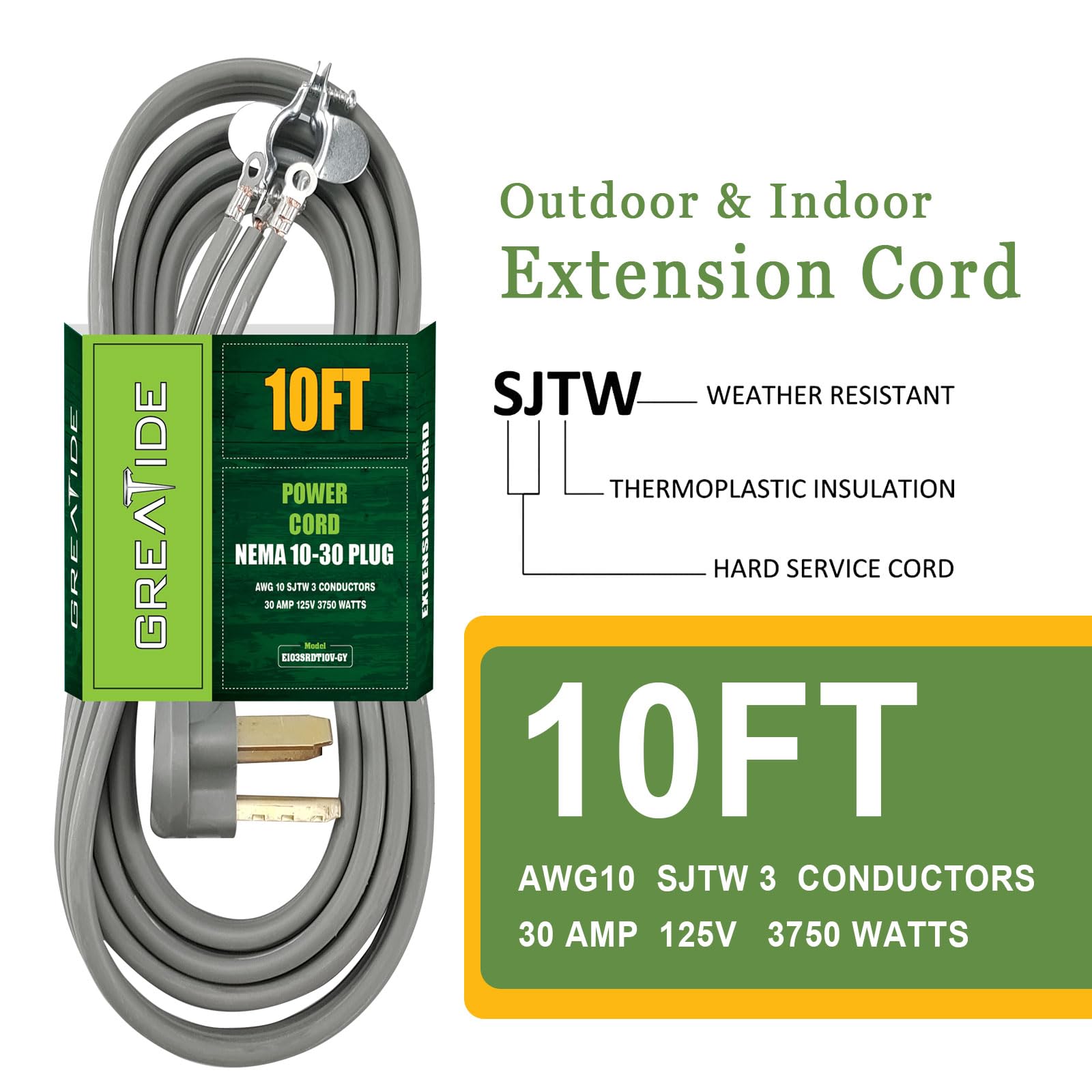 Greatide 3 Prong Dryer Cord, 10 Ft 10/3 Srdt, 30 Amp Appliance Extension Power Cord, Nema 10 30, Grey