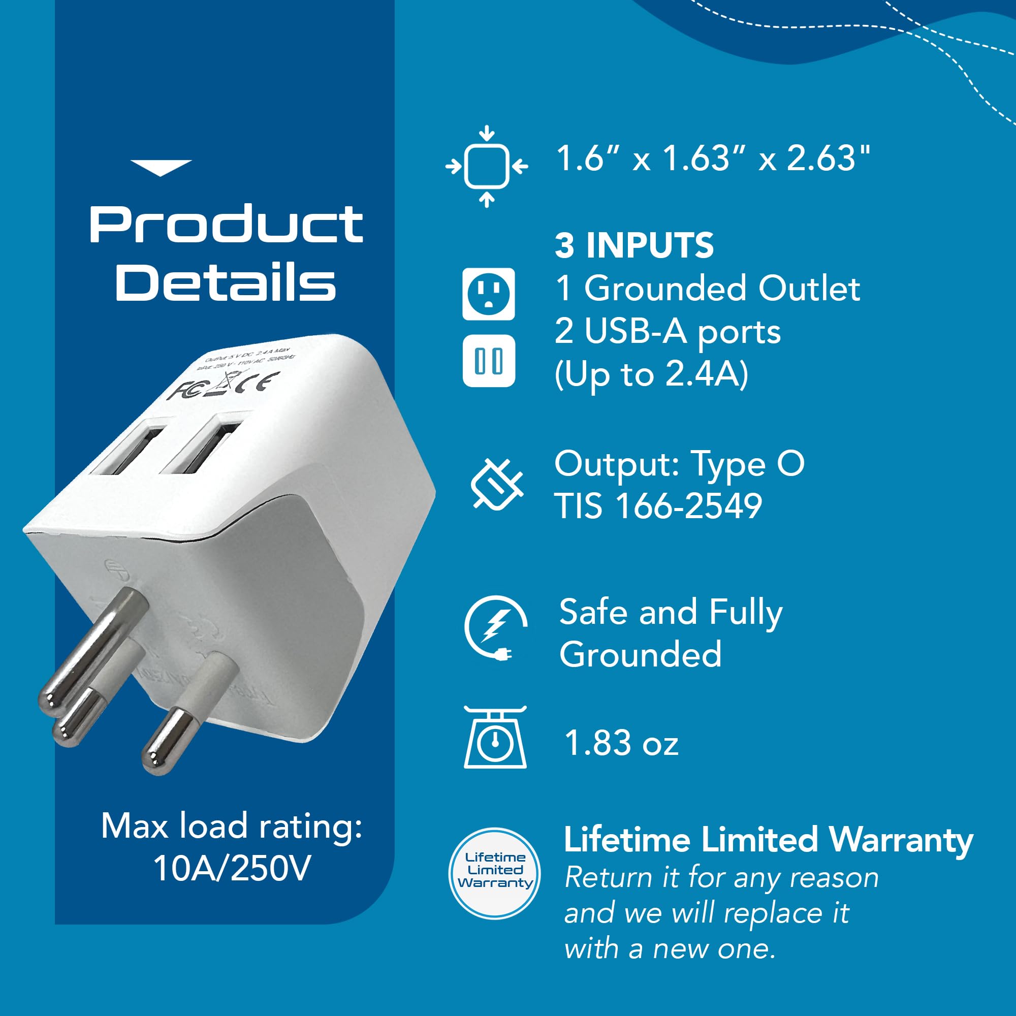 Ceptics Thailand Travel Adapter With Dual Usb   Type O Ultra Compact Us To Thailand Plug Adapter   3 In 1 Safe Grounded   Ideal