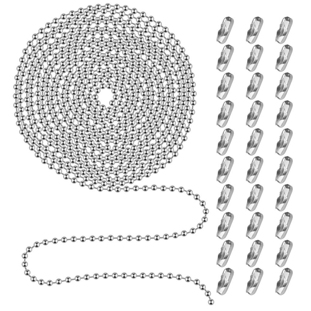 Beaded Pull Chain Extension With Connector, 20 Feet Beaded Roller Chain With 30 Connectors For Ceiling Fan Light Lamp (3.2Mm, Si