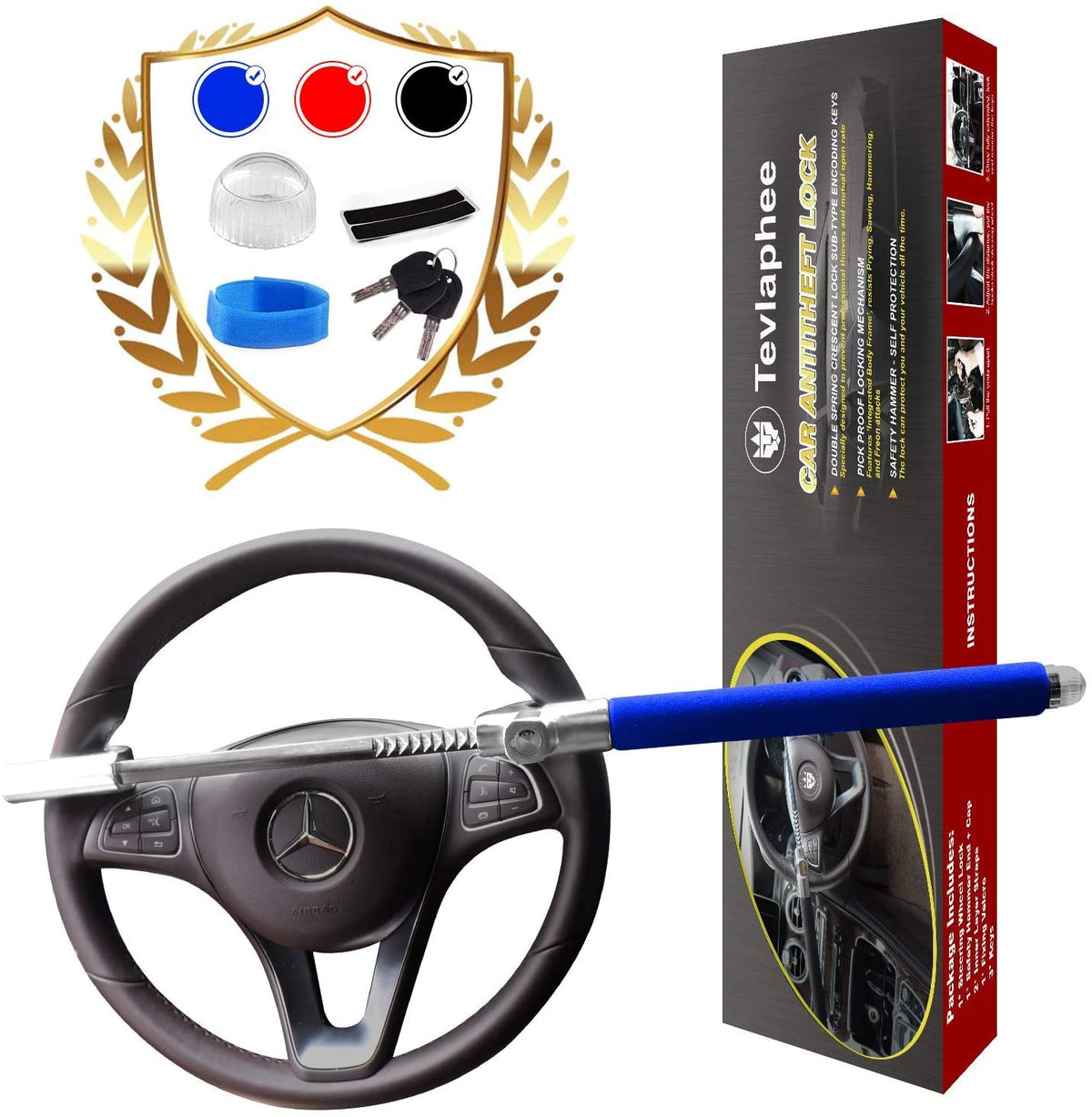 Tevlaphee Steering Wheel Lock Anti Theft Car Device Universal Car Theft Prevention Car Lock Adjustable Length Universal Fit Emer