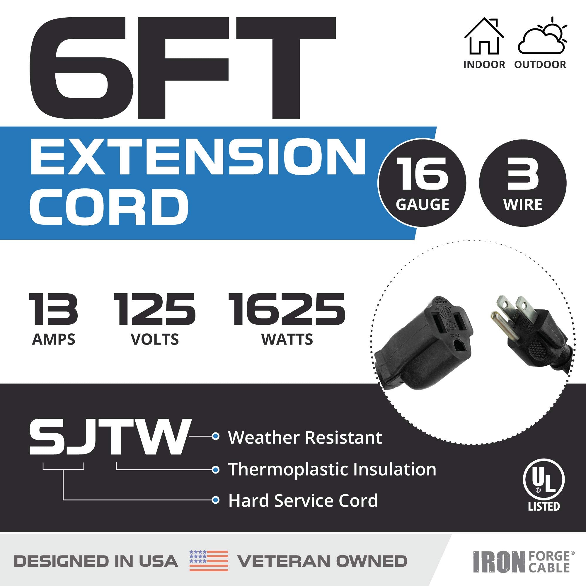Iron Forge Cable Weatherproof Outdoor Extension Cord 6 Ft, 16/3 Sjtw Heavy Duty Black Extension Cord 3 Prong, 13 Amp Exterior Po