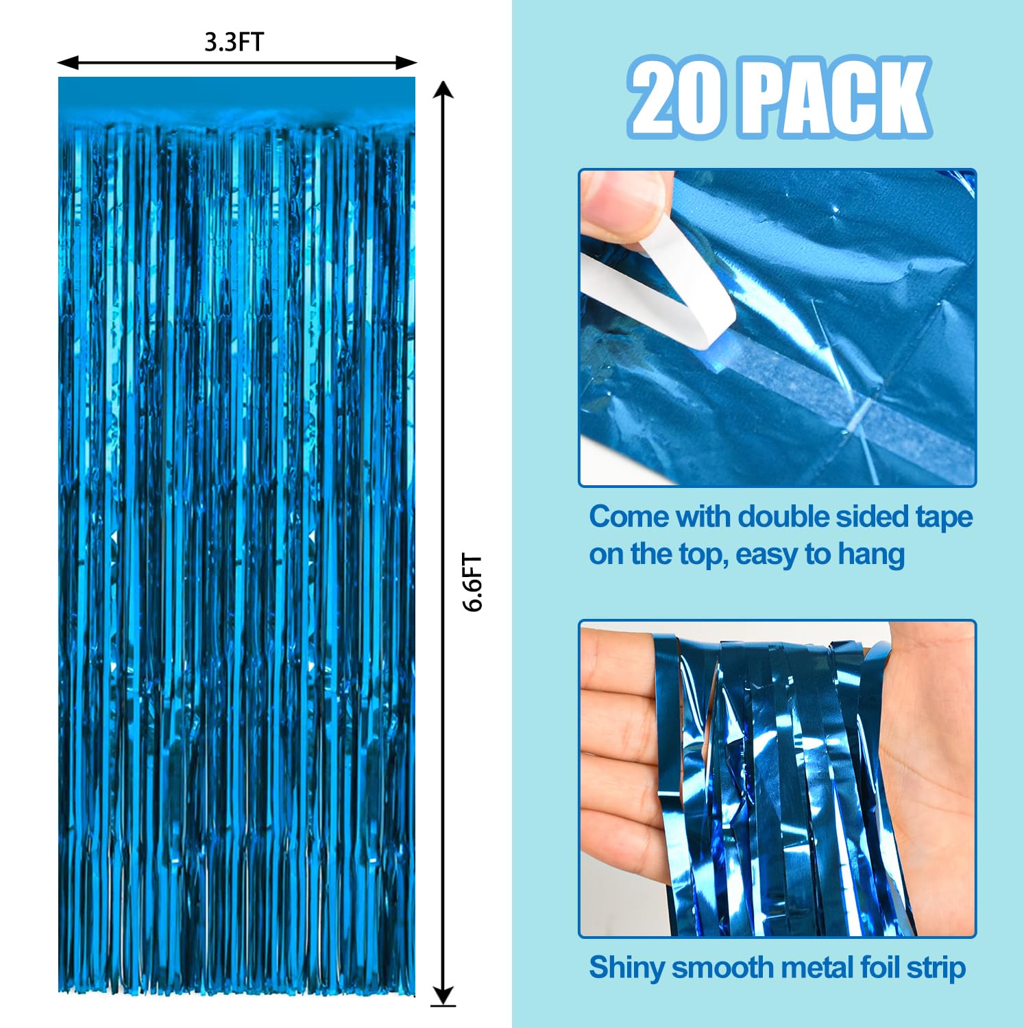 20 Pack Light Blue Metallic Tinsel Foil Fringe Curtains Party Photo Backdrop Party Streamers For Birthday,Graduation,New Year Ev