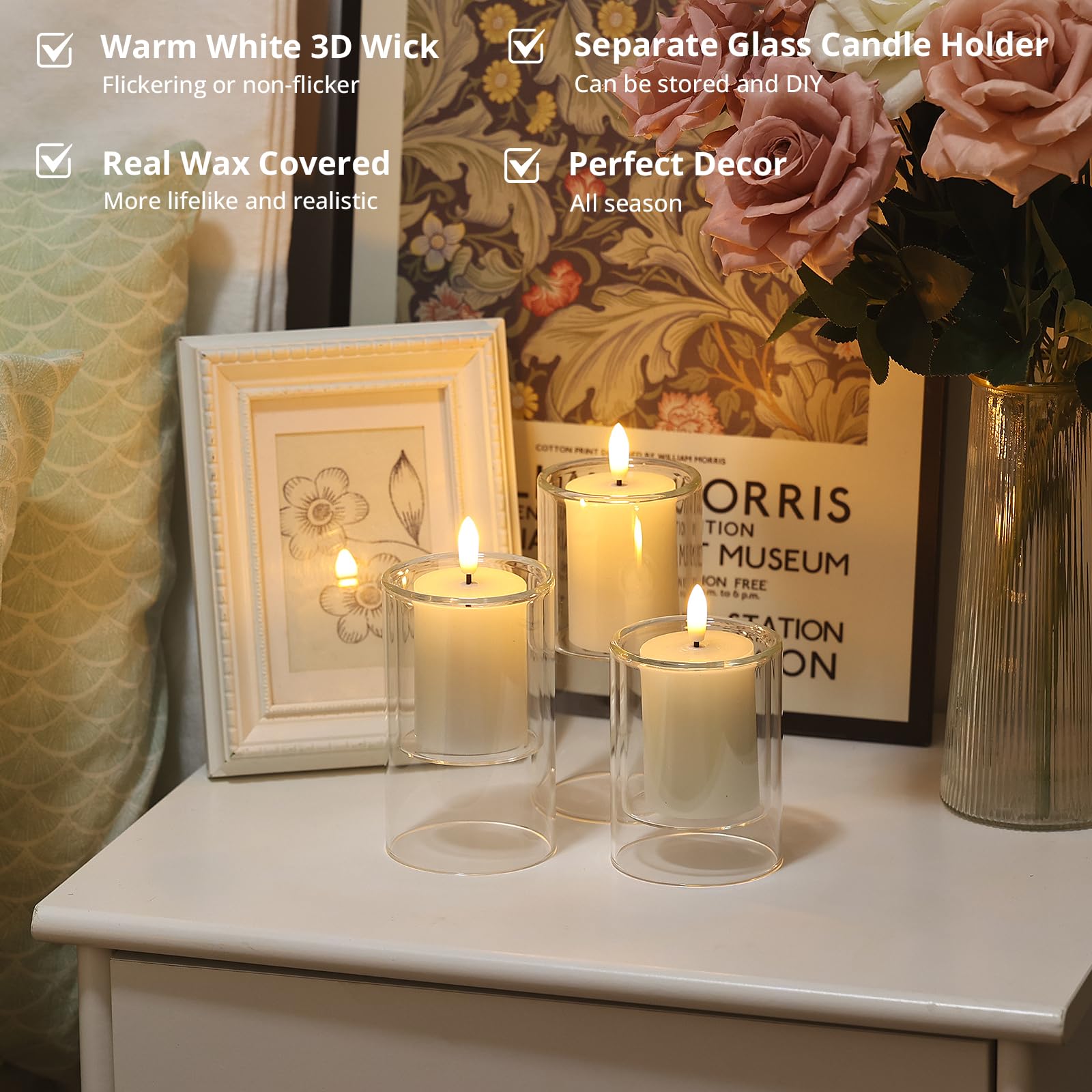 Nurada Flameless Candles With Remote Timer   Glass Real Wax 3D Wick Led Pillar Votive Candle Set Battery Operated Flickering Lig