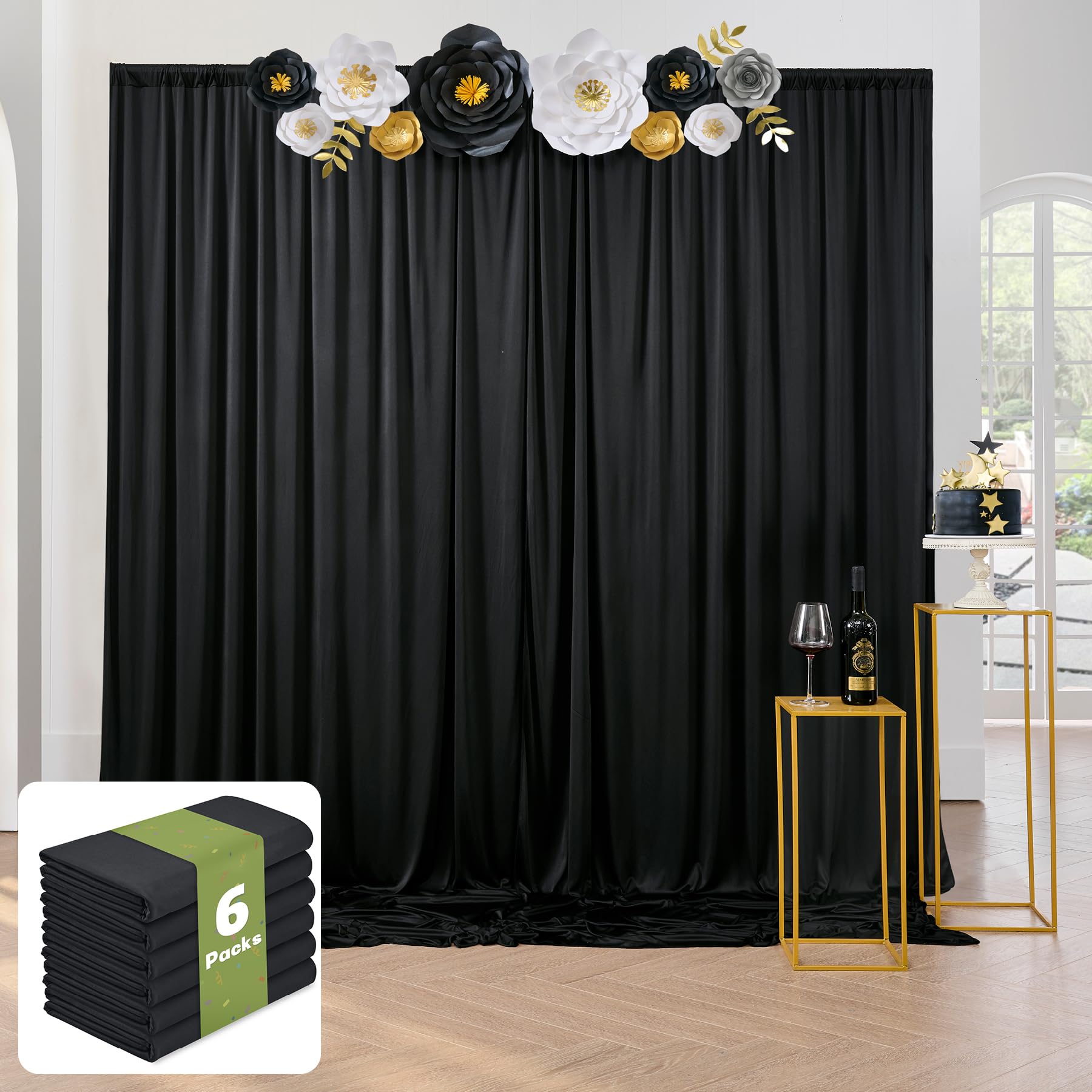 10 Ft X 30 Ft Wrinkle Free Black Backdrop Curtain For Parties, 6 Panels Polyester Black Photo Backdrop Drapes For Graduation Bir