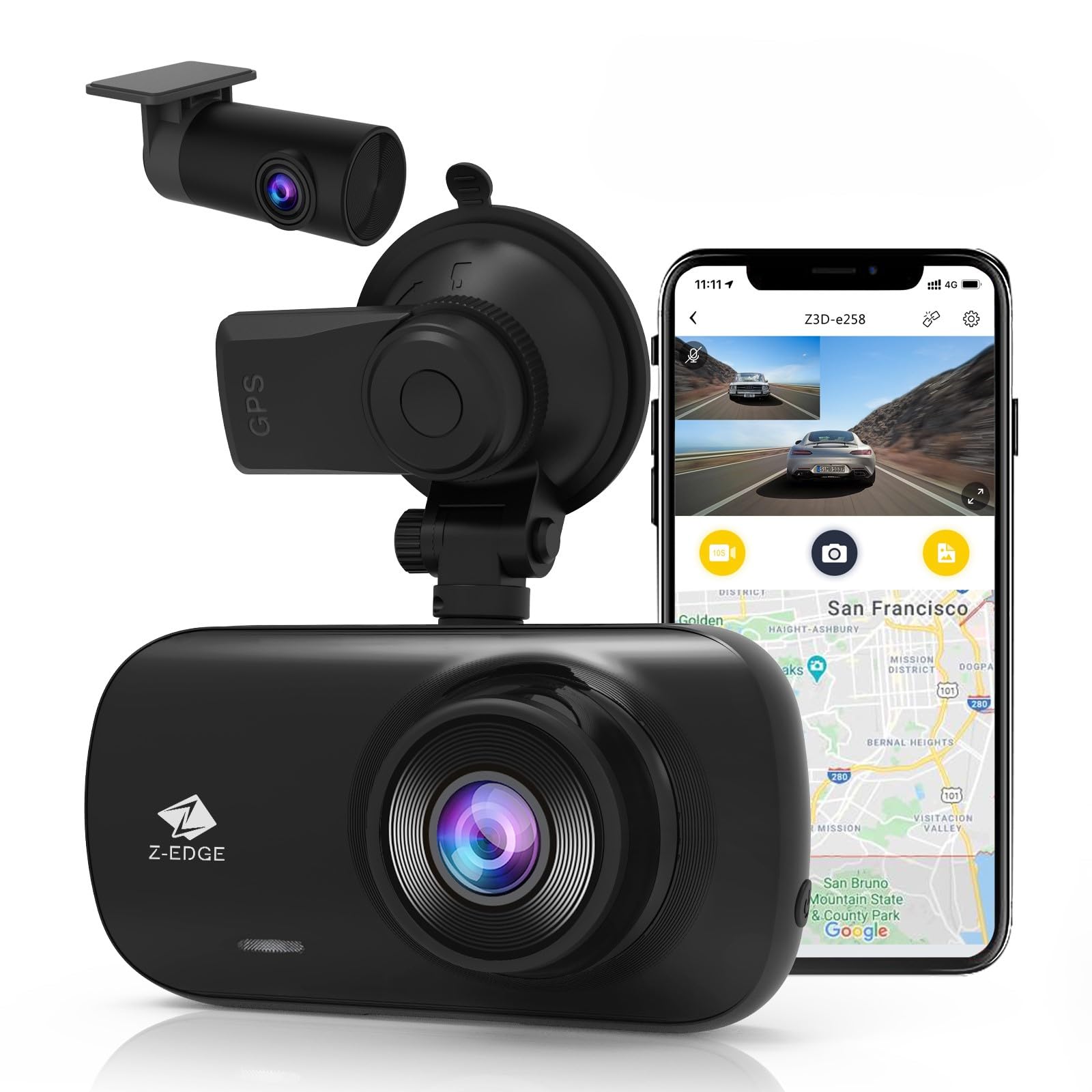 Z Edge Z3D 4K Front And Rear Dash Cam With Wifi, Gps, Dual Cam, Car Dvr, Night Vision, Parking Mode, G Sensor, Loop Recording