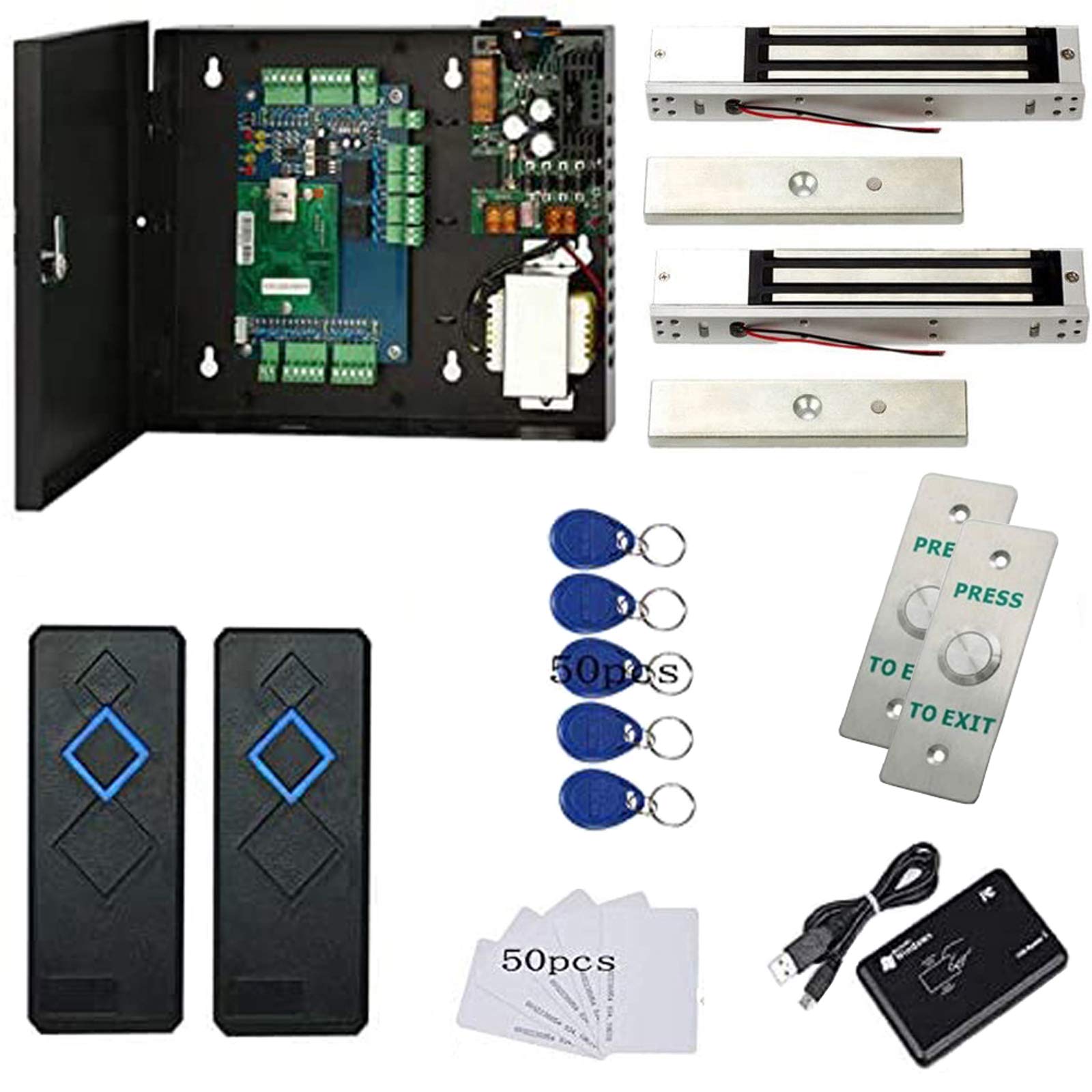 Mengqi Control 2 Door Access Control Panel System 600Lbs Waterproof Magnetic Lock Rfid Reader Metal Exit Button 110V Power Supply Box Usb Reader Rfid Card Key Fob Phone App Remotely Open Door