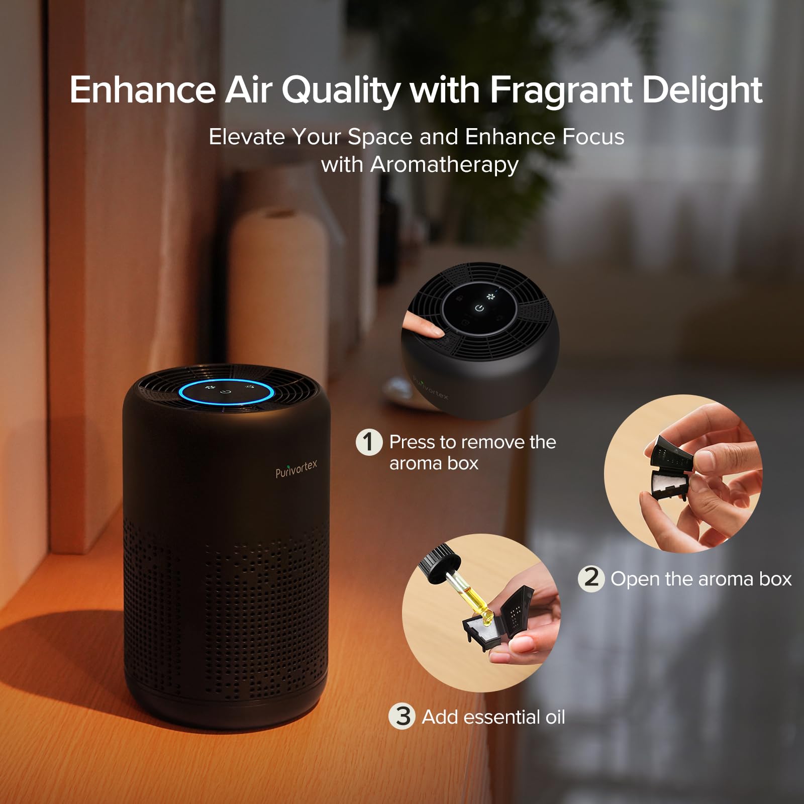 Purivortex HEPA Air Purifier AC300 - Black, Portable, Filters Smoke, Dander & Odors, with Sleep Mode & Fragrance Sponge