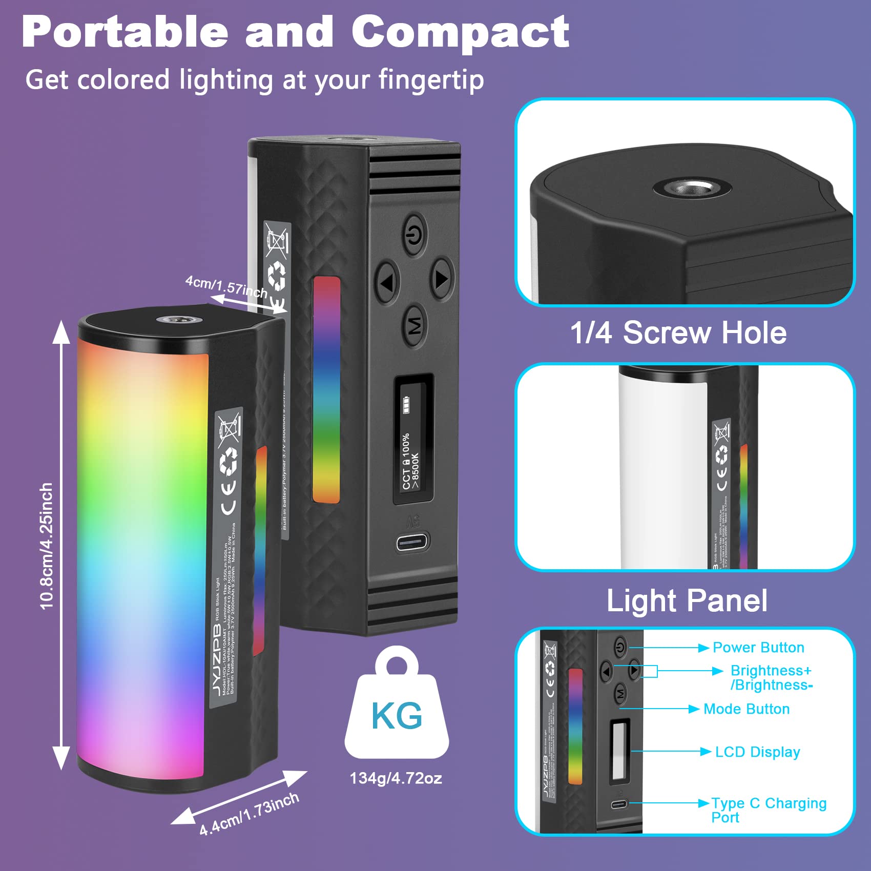 Jyjzpb Magnetic Handheld Rgb Stick Light Wand, 360 Full Rgb Light Mini Led Video Light Stick With 2500Mah Rechargeable Battery,
