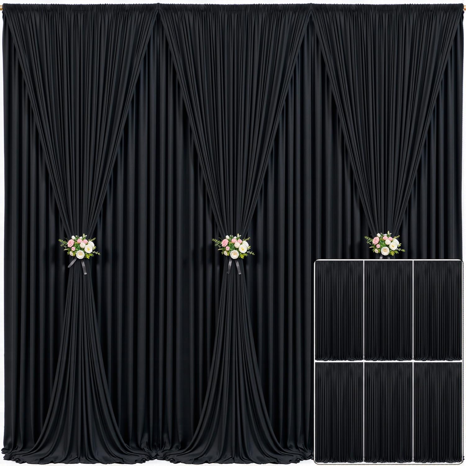 6 Panels Black Backdrop Curtain for Parties Wrinkle Free Black Photo Curtains Backdrop Drapes Fabric Decoration for Birthday Par