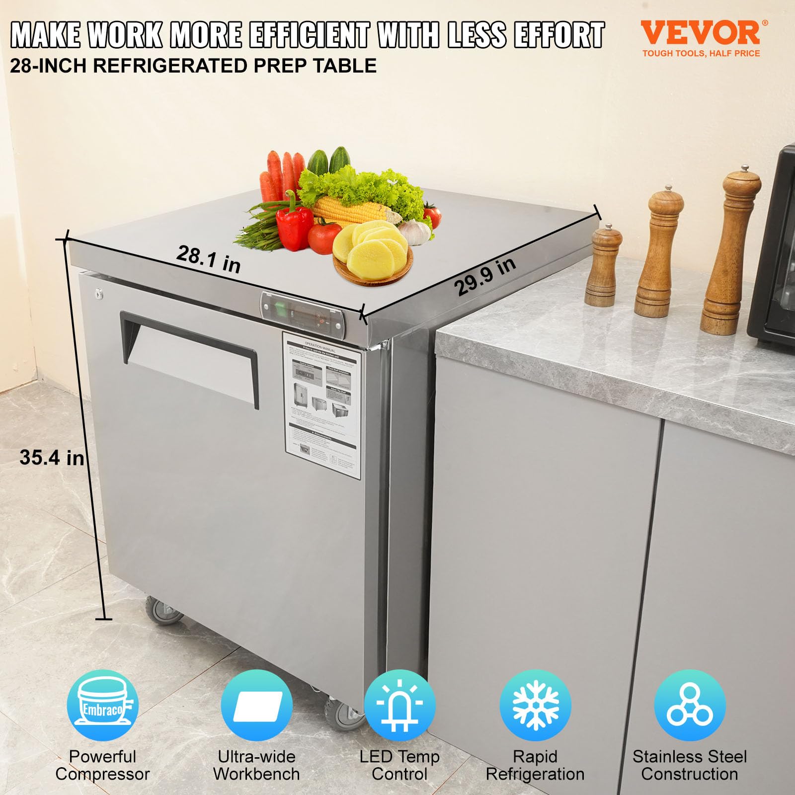 Vevor 28 W Commercial Refrigerator, Undercounter Worktop Refrigerator, 7.4 Cu. Ft Thick Stainless Steel Refrigerated Food Prep S