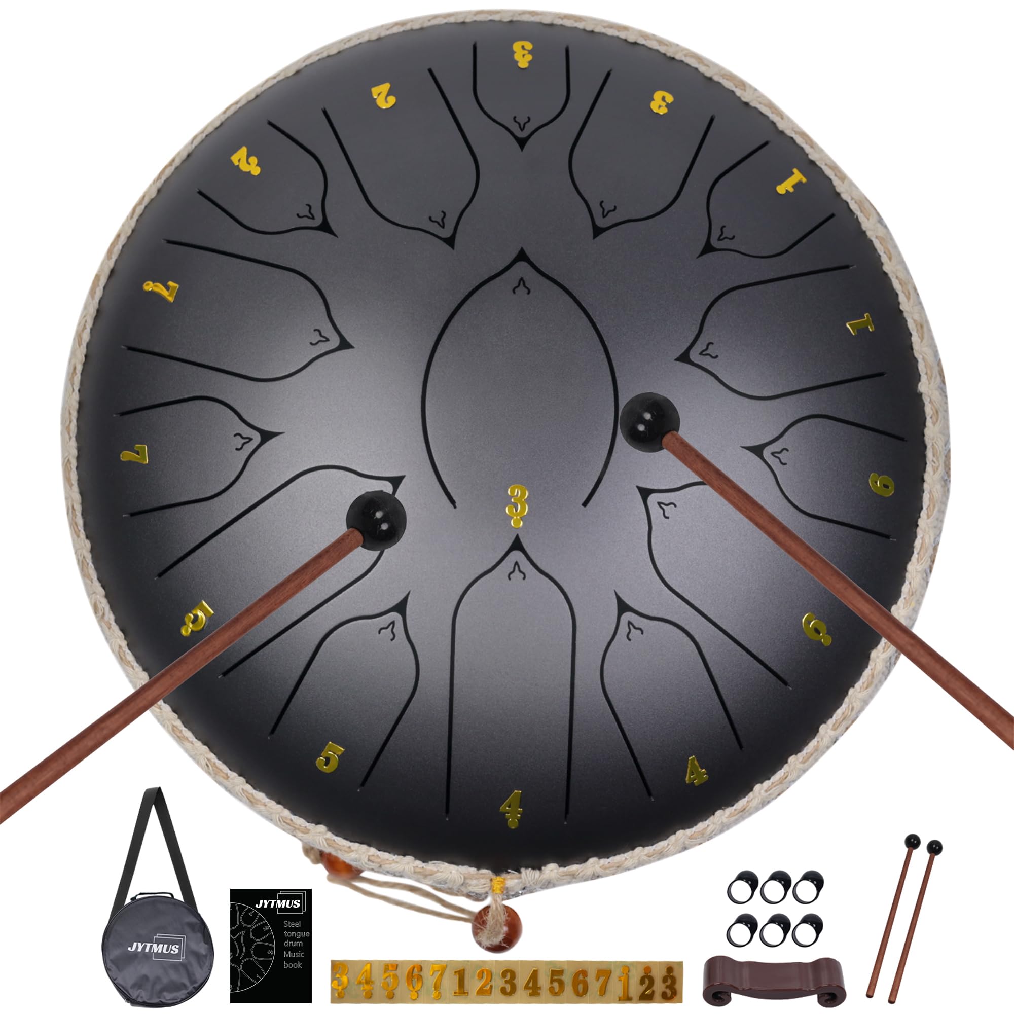 Jytmus Steel Tongue Drum 15 Notes 13 Inches Steel Drum With Drum Bag, Music Book, Drum Mallets, Mallet Holder, Finger Picks And