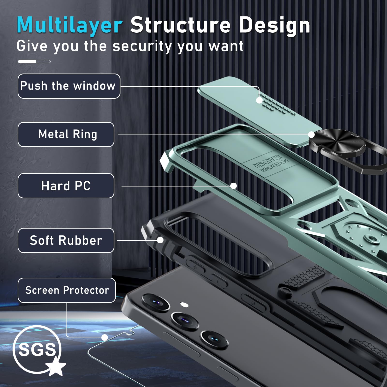 Janmitta Compatible With Samsung Galaxy S24+ Plus Case Built In Slide Camera Lens Cover+Screen Protector+Finger Ring Holder Kick