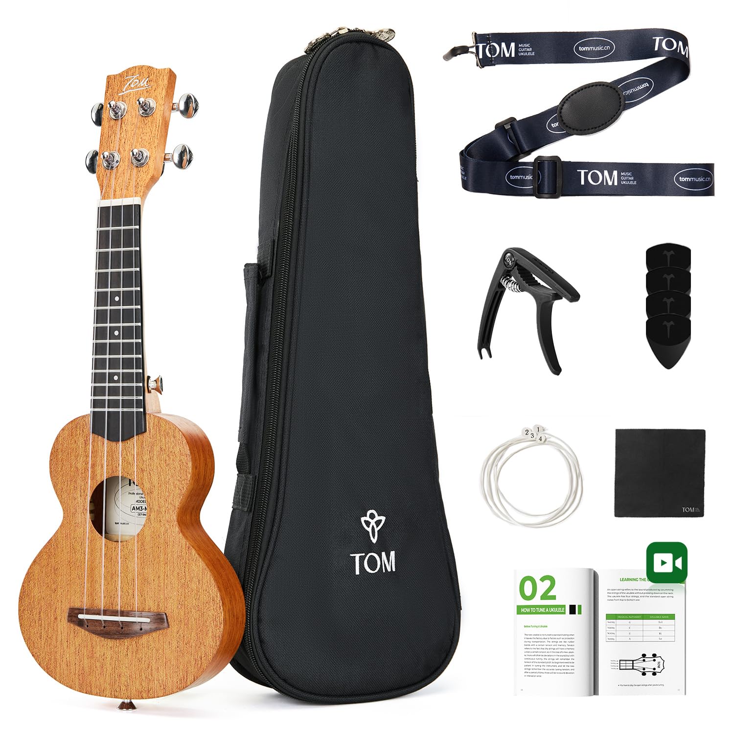 TOM 17 Inch Solid Mahogany Mini Ukulele - Professional Travel-Friendly Ukelele for Beginners, Kids & Adults, Beginner Kit with F