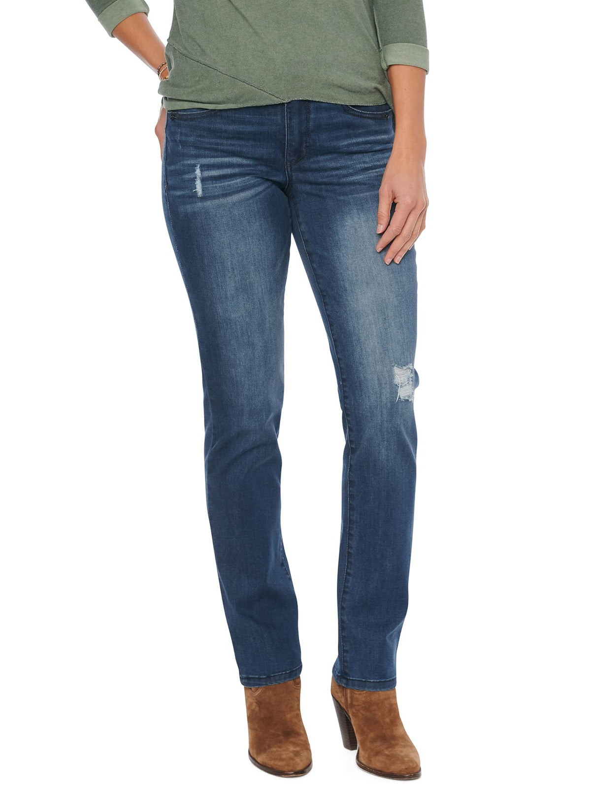 Democracy Womens Petite Ab Solution Straight Leg Jean, Blue Vintage, 6P
