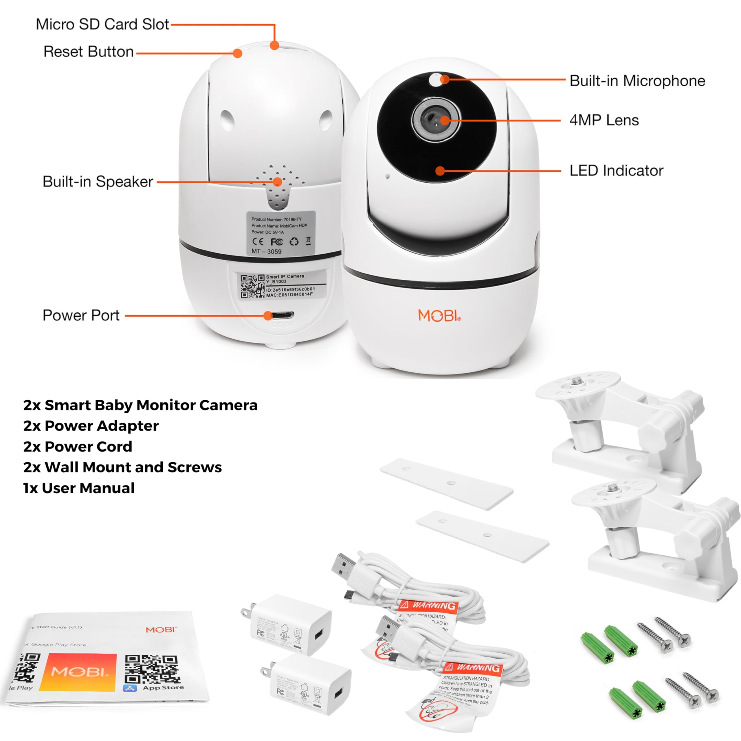Mobicam Hdx Wi Fi Pan & Tilt Smart Nursery, Elderly & Home Monitoring Camera, 1080P Hd Indoor Security Night Vision Ip Camera, M