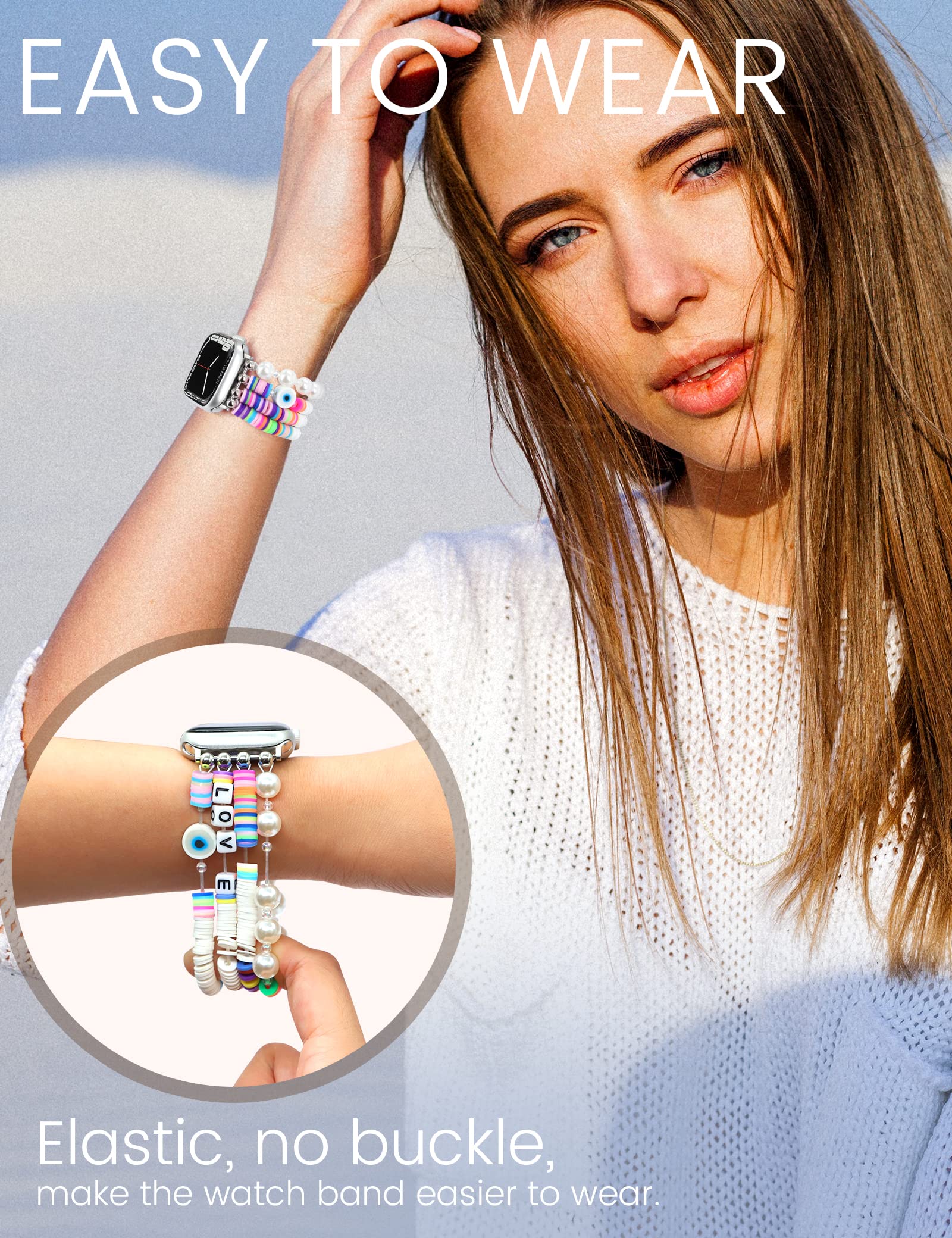 Jr.Dm Beaded Bracelet Compatible With Apple Watch 42Mm 44Mm 45Mm For Women Girls, Cute Fancy Boho Stack Handmade Elastic Watch S