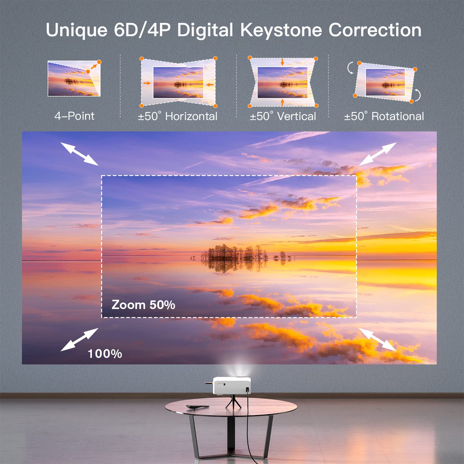 [Electric Keystone] Auking Projector, 6D/4P Projector With Wifi And Bluetooth, 4K Support Home Theater Video Projector, Compatib