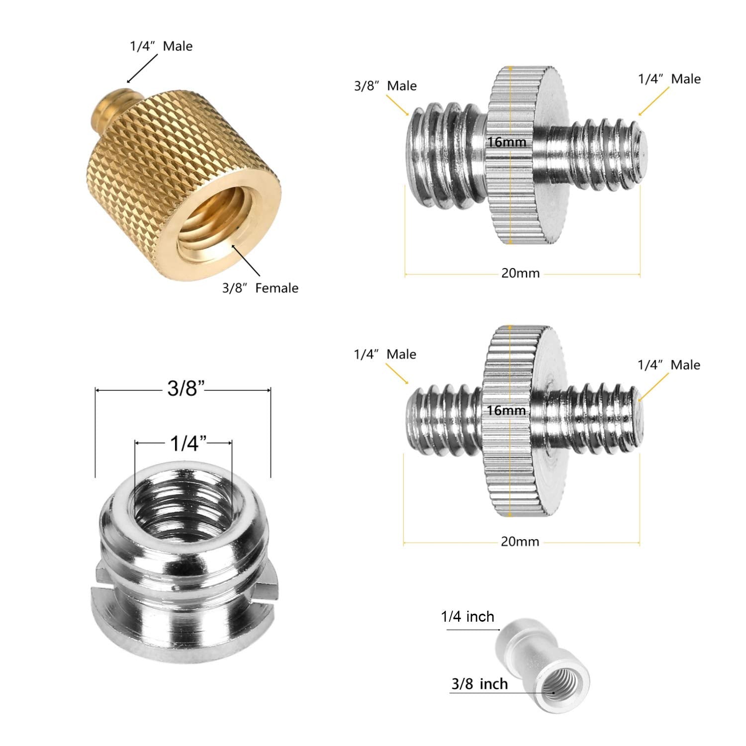 22Pack Chromlives Camera Screw Adapter 1/4 To 1/4 Screw 1/4 To 3/8 Tripod Screw Adapter Converter Brass Screw Adapter Spigot Scr