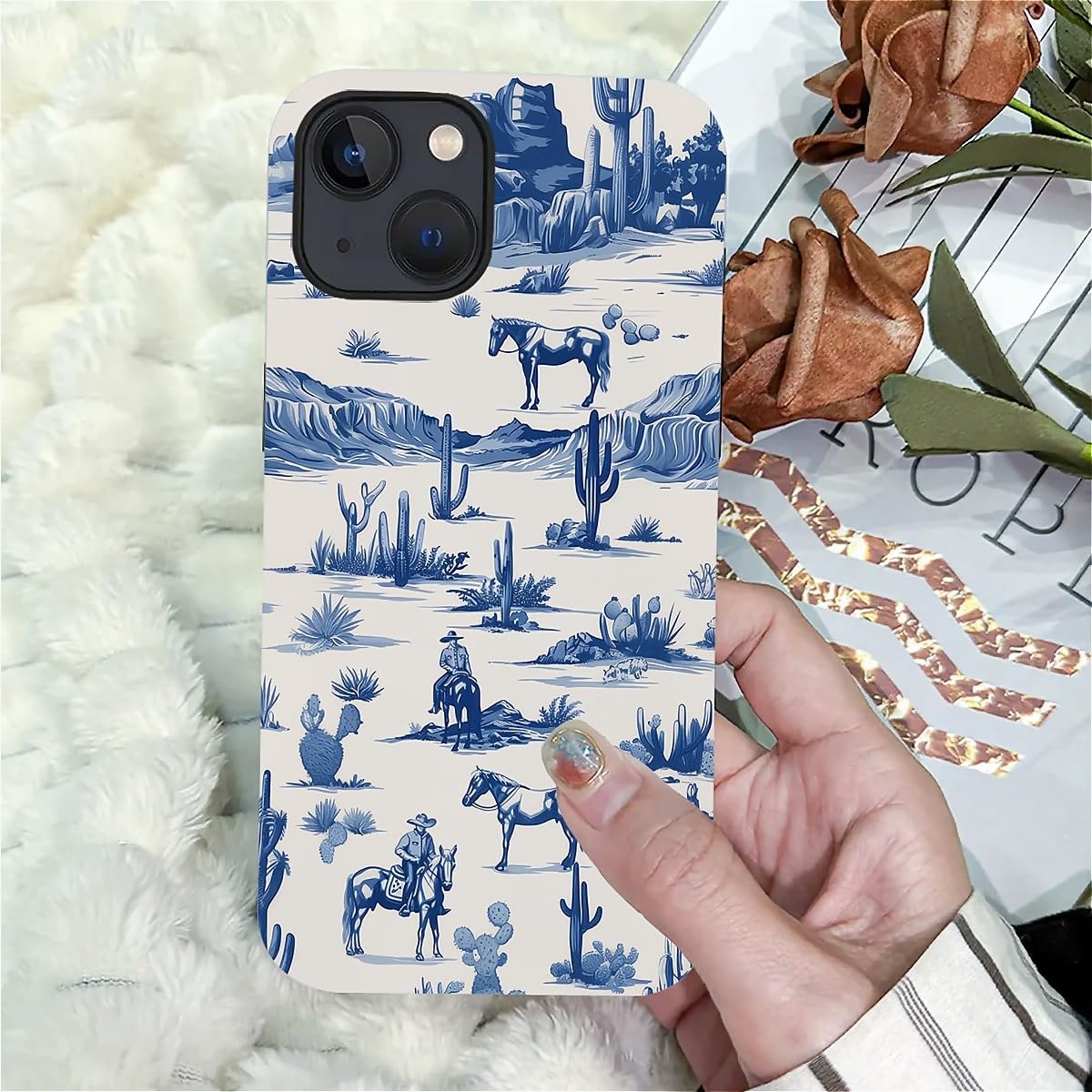 Fkbrcl4U For Iphone 15 Case, Hybrid 2-Layer Silicone Protective Matte Case For Girl Women Western Cowboy Horse Cow Desert Cacti