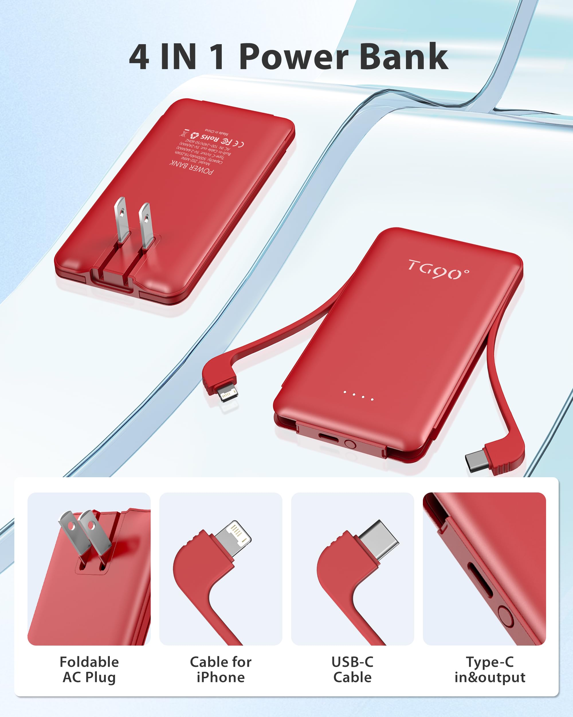 Tg90 5000Mah Ultra Slim Power Bank Built In Foldable Ac Plug And Cables, Card Size Battery Pack Portable Charger For Phones, 4 I