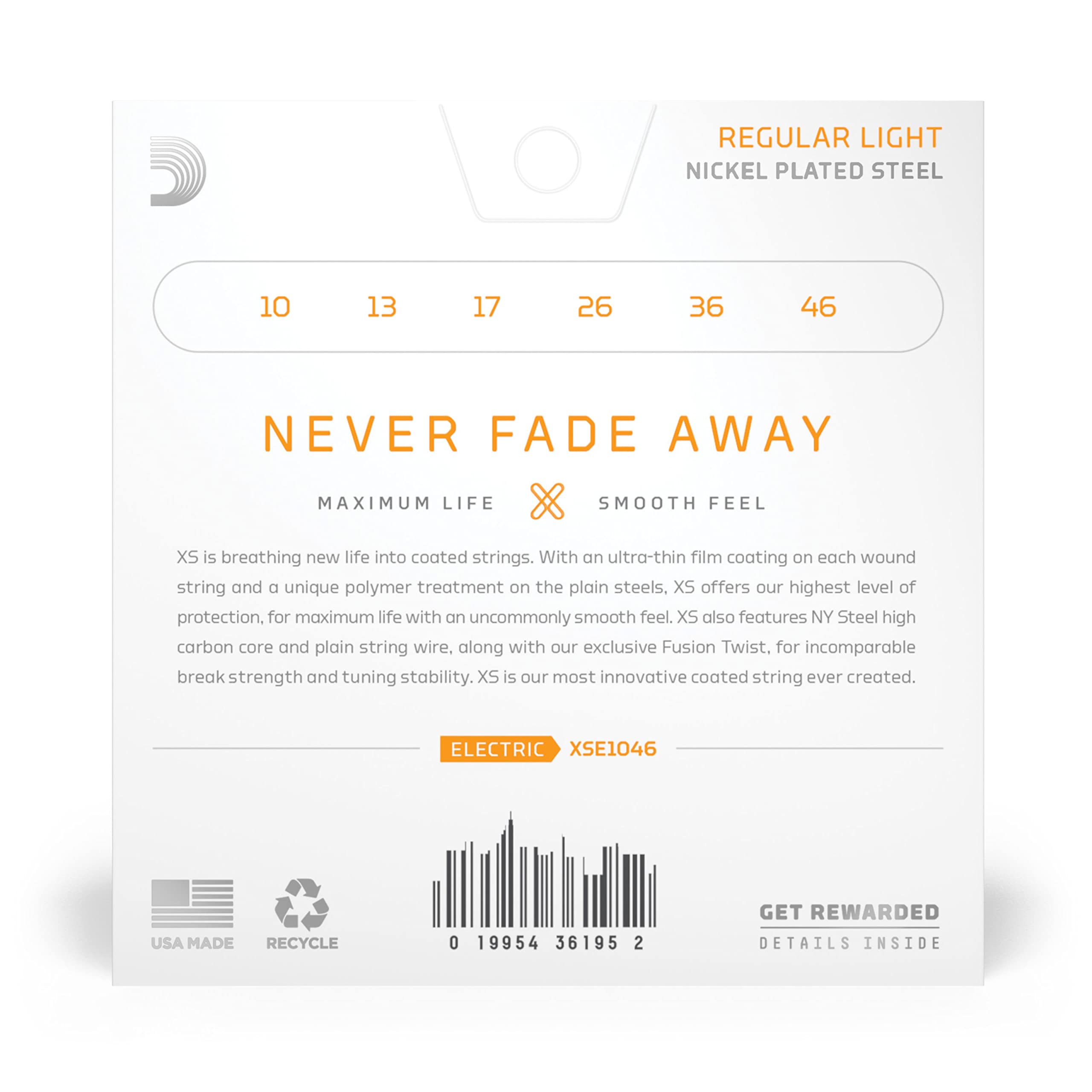 Daddario Electric Guitar Strings, Xs Nickel Coated, Xse1046, Regular Light Gauge 10-46, 6-String Set, Pack Of 1