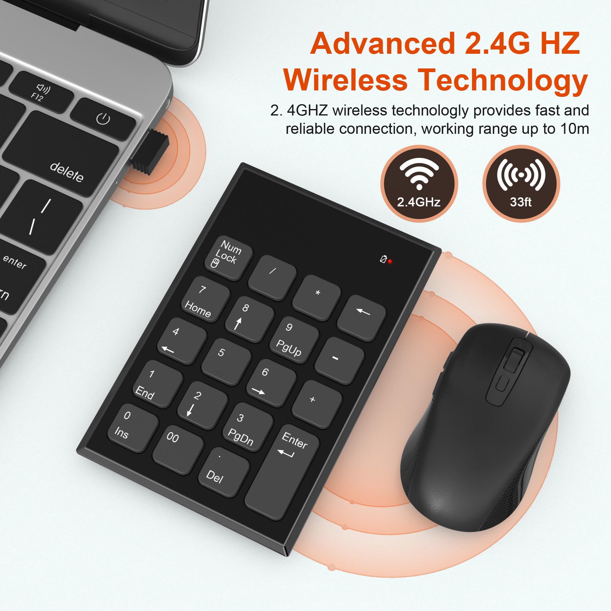 Wireless Number Pad And Mouse, 19 Keys Portable Ultra Slim 2.4Ghz 10 Key Usb Keypad And 3 Adjustable Dpi Silent Mouse Set For La