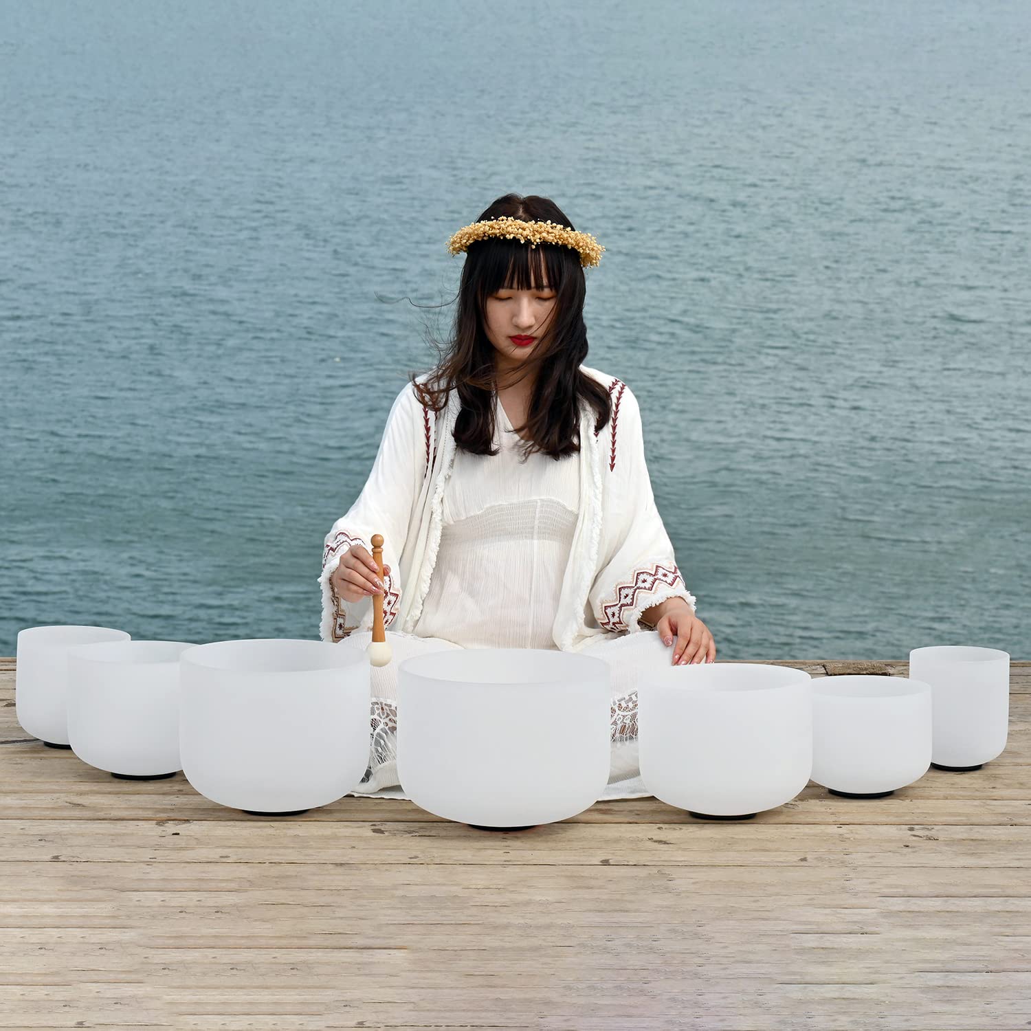 Cvnc 432Hz 7 12 Inch Set Of 7 Pcs Frosted Quartz Crystal Singing Bowls With 2 Pcs Carrying Case Bag Sound Healing