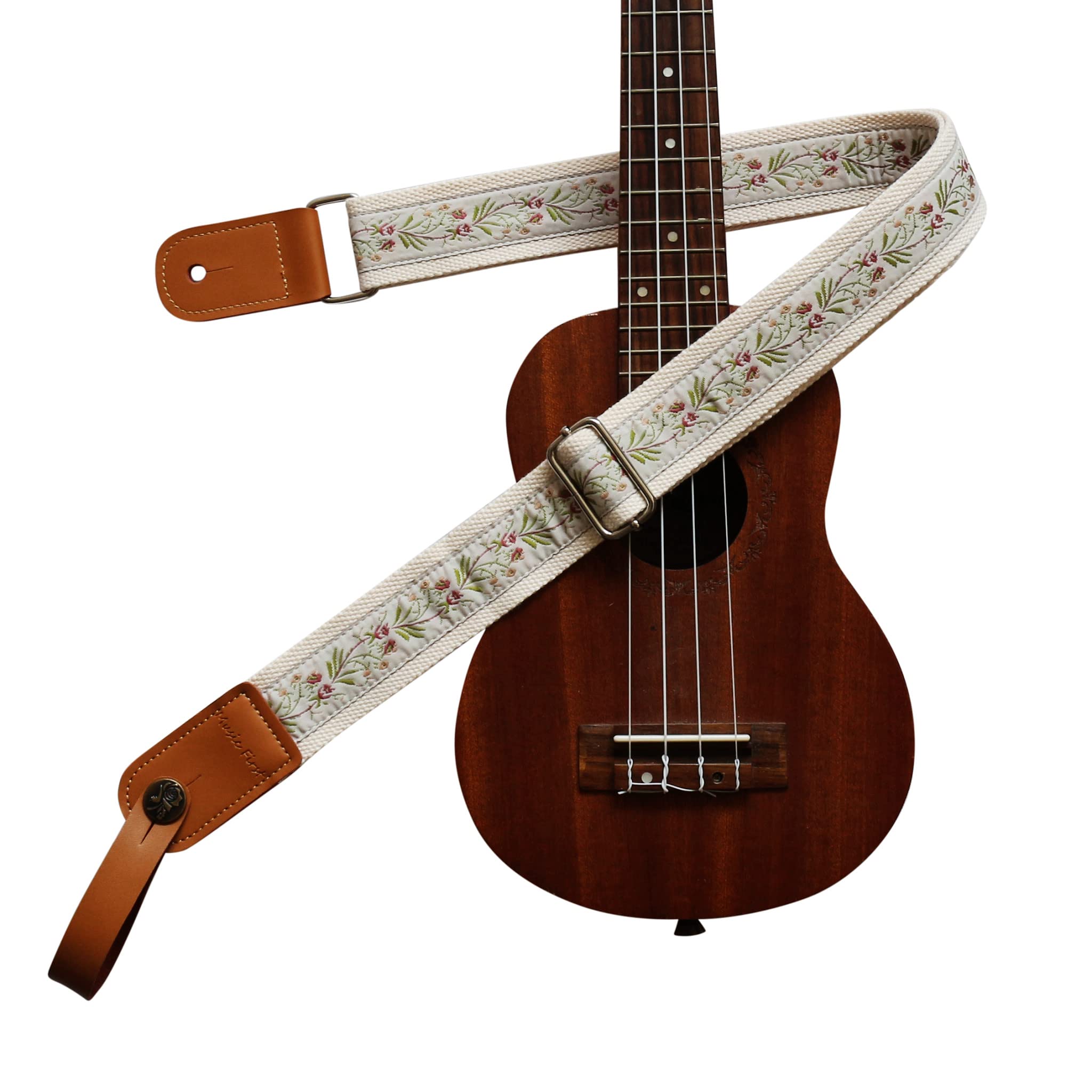 Music First Original Design Vintage Floral Embroidered & Genuine Leather Ukulele Strap Ukulele Shoulder Strap With A Genuine Lea