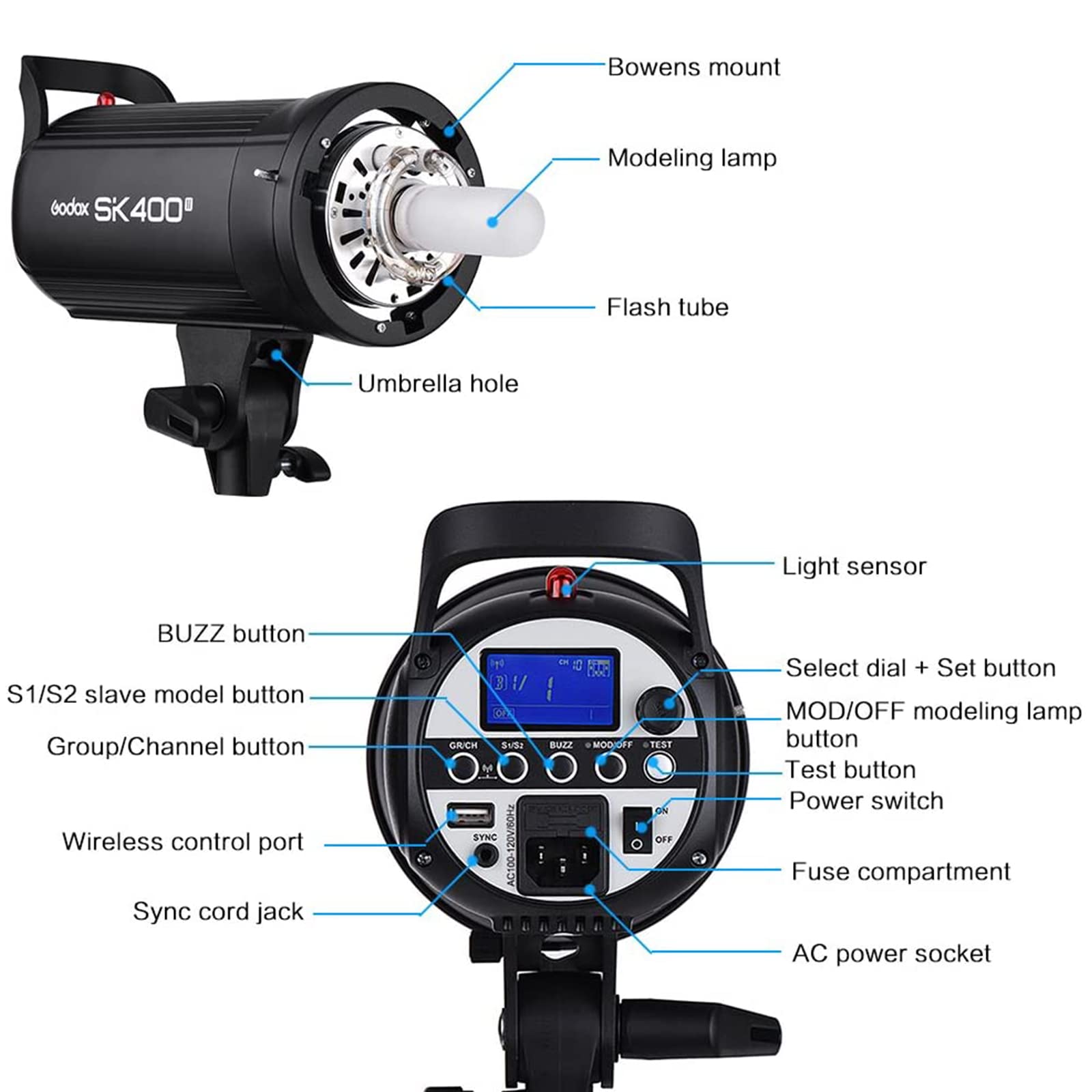 Godox Sk400Ii Strobe Flash Light 400Ws With Standard Reflector, Gn65 5600K 2.4G Bowens Mount With 150W Modeling Lamp, For Photog