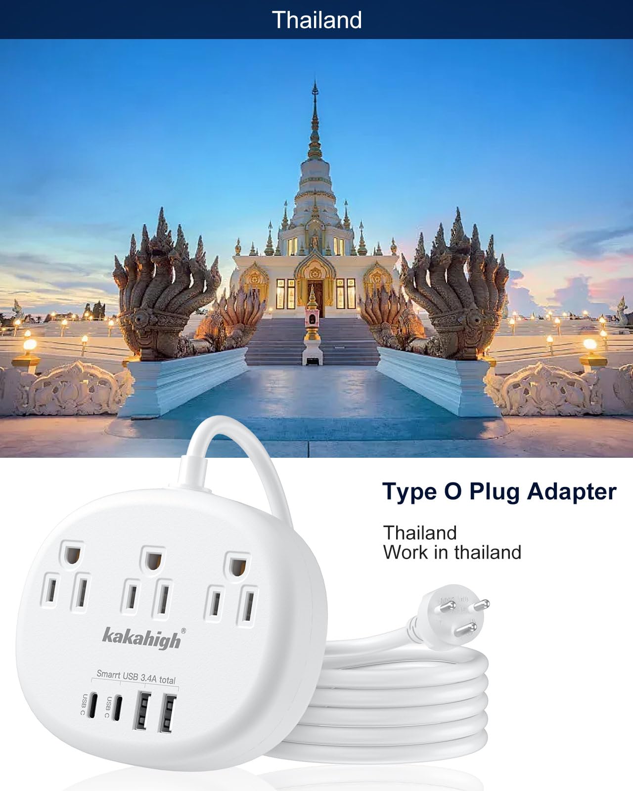 Thailand Power Adapter, Thailand Plug Adapter With 3 American Outlets 4 Usb Ports (2 Usb C) Total 24W, Type O Plug Adapter And O