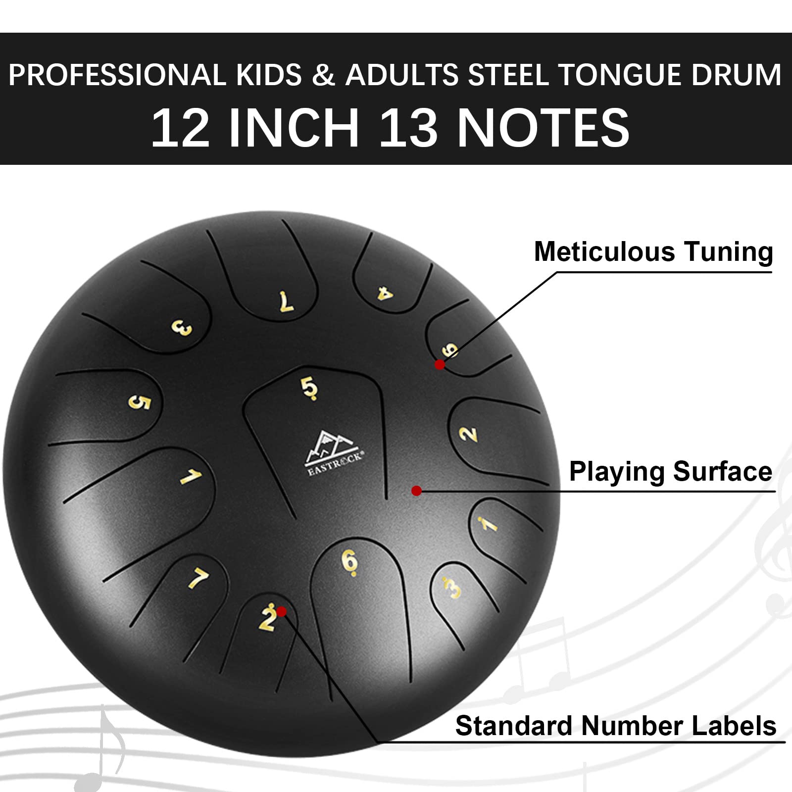 Eastrock Steel Tongue Drum 13 Notes 12 Inches Percussion Instrument Handpan Drum C Key For Meditation Entertainment Concert Yoga
