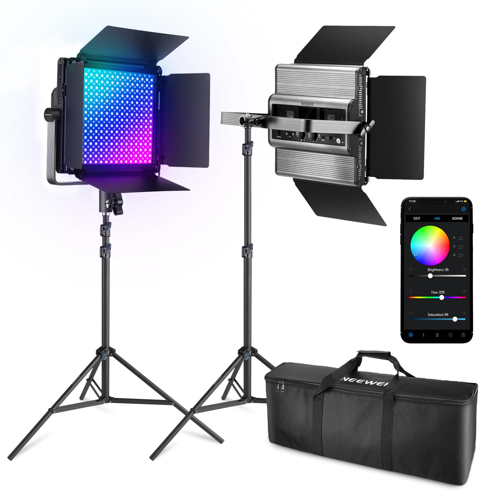 Neewer 2 Pack Rgb1200 Led Video Light With App/2.4G Control, 60W Photography Video Lighting Kit With Stands & Bag, 22000Lux@0.5M