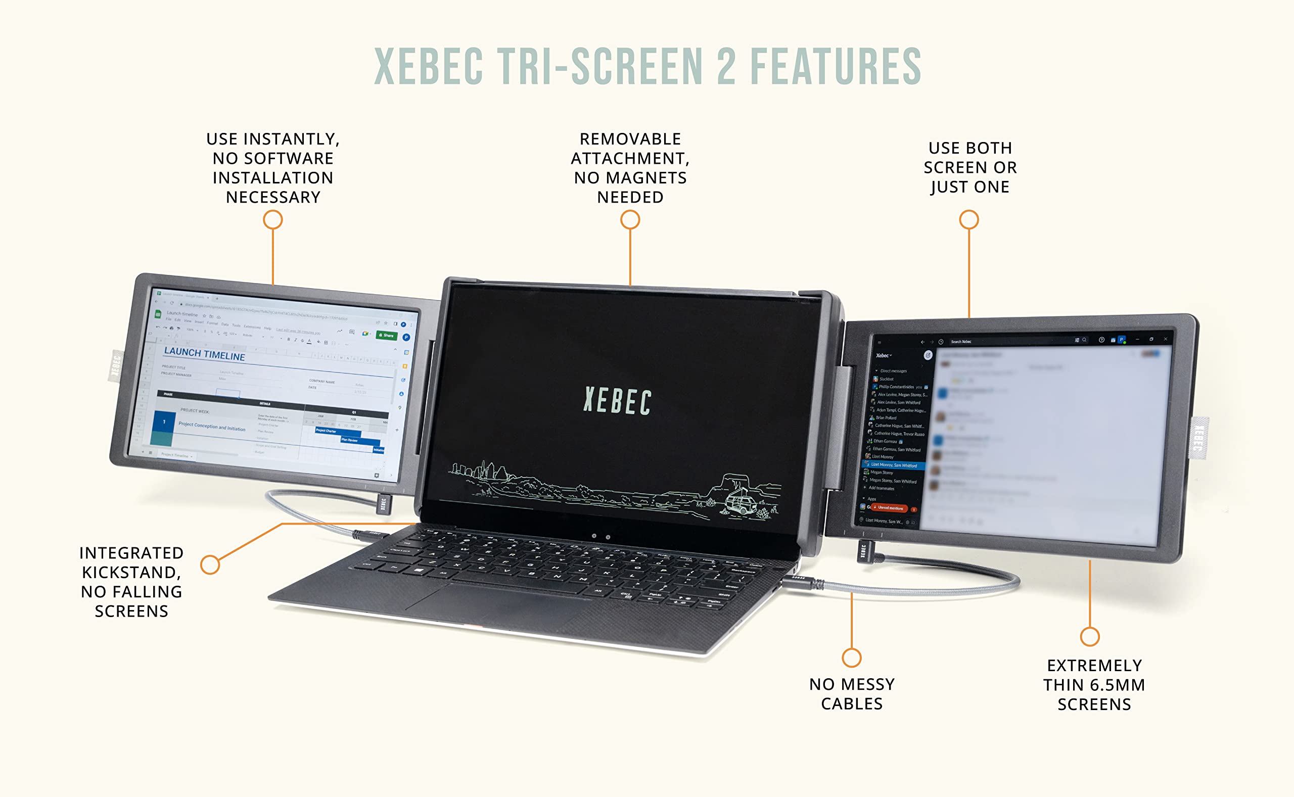 Xebec Tri Screen 2 | Portable Attachable Monitor For Laptop | Full Hd Plug & Play, Compatible With Mac, Pc, 1920X1200 | Tri Scre