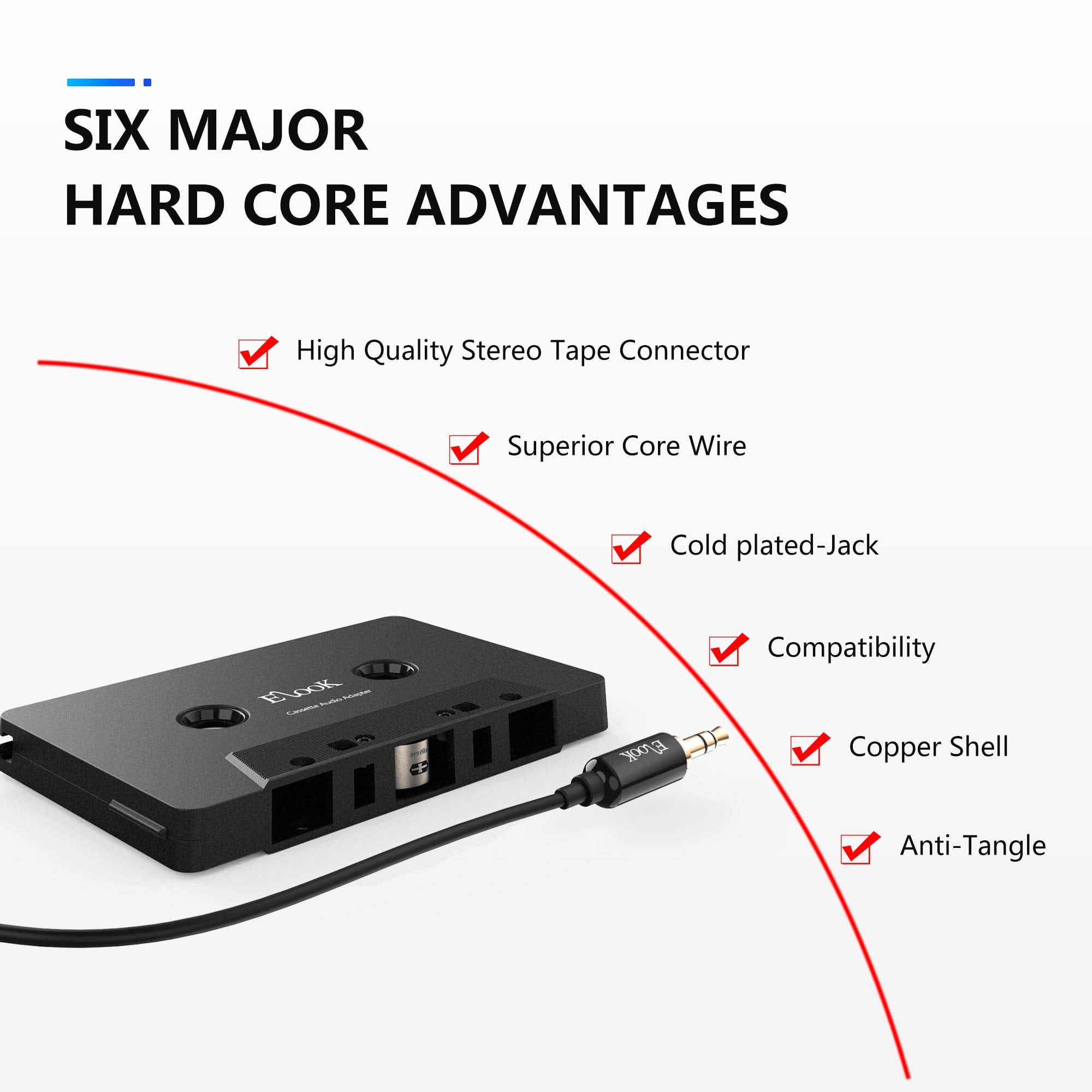Elook Car Cassette Aux Adapter, 3.5Mm Universal Audio Cable Tape Adapt ...