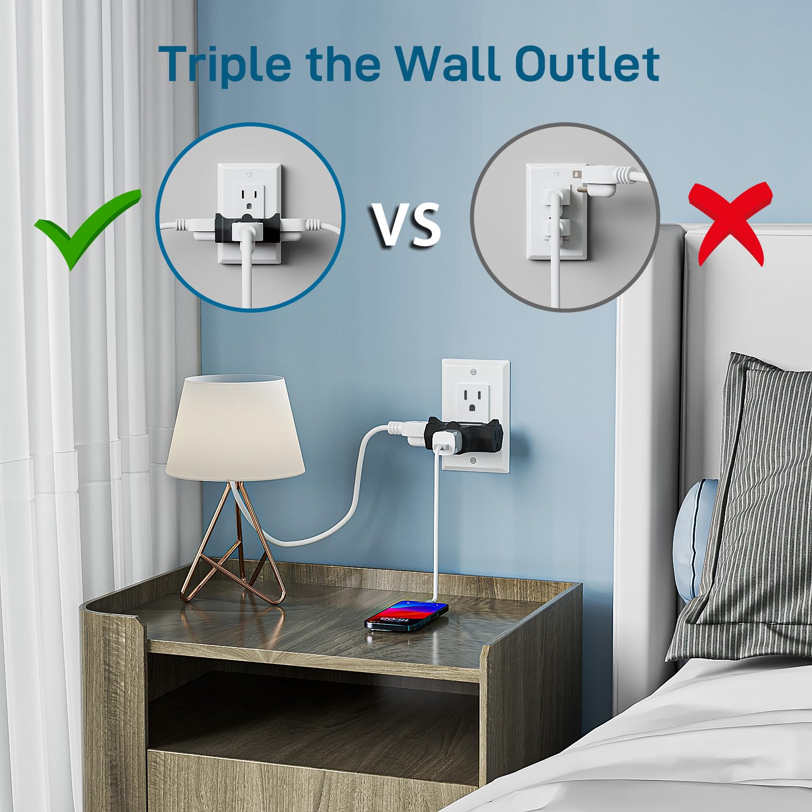 K Kasonic   3 Outlet Grounding Adapter, [Ul Listed] Plug Extender, Heavy Duty Grounded Power Tap   3 Pack (Black)