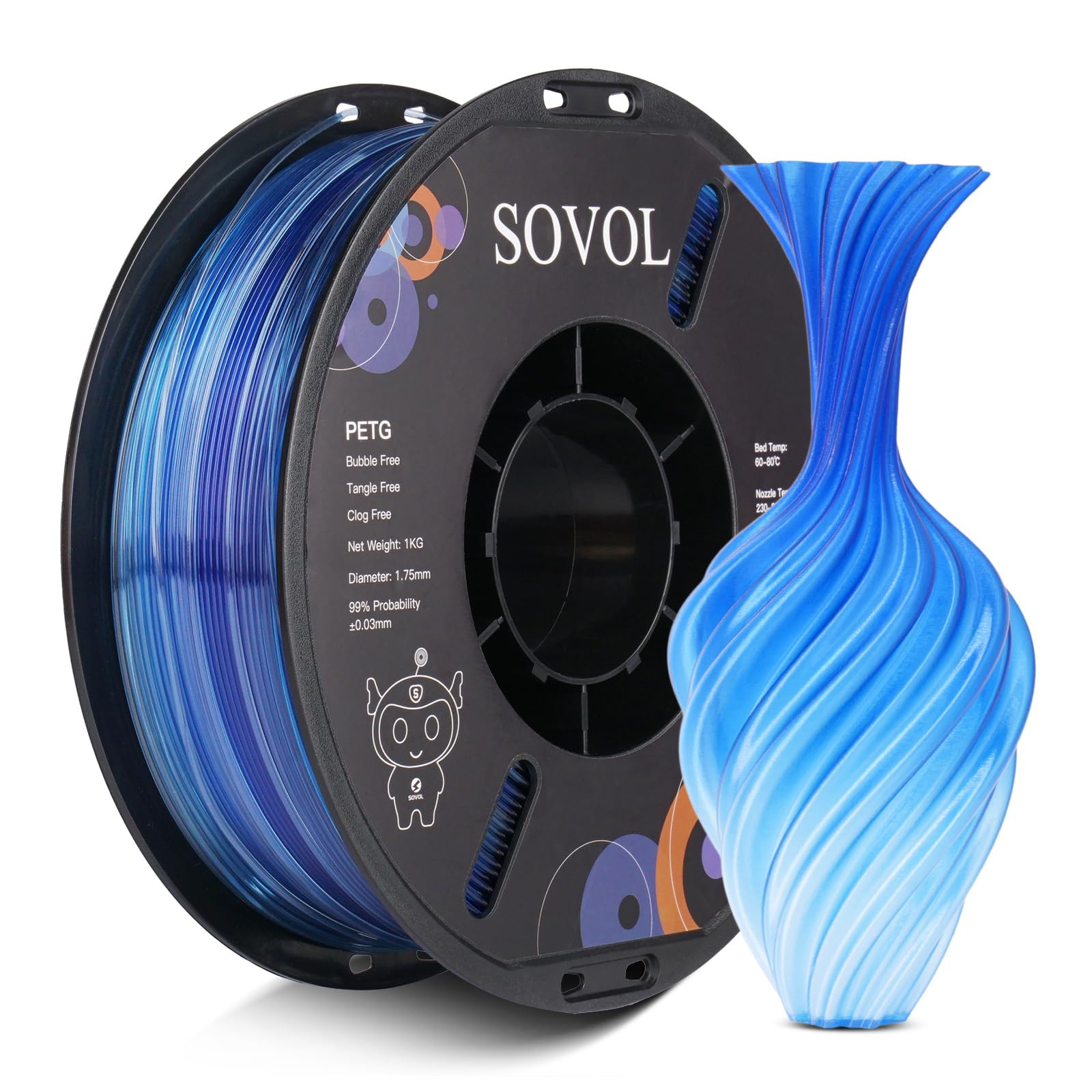 Sovol 3D Printer PETG Filament 1.75mm, Gradient Multicolors Filaments Material, 1kg (2.2lbs), Dimensional Accuracy +/- 0.03 mm, 