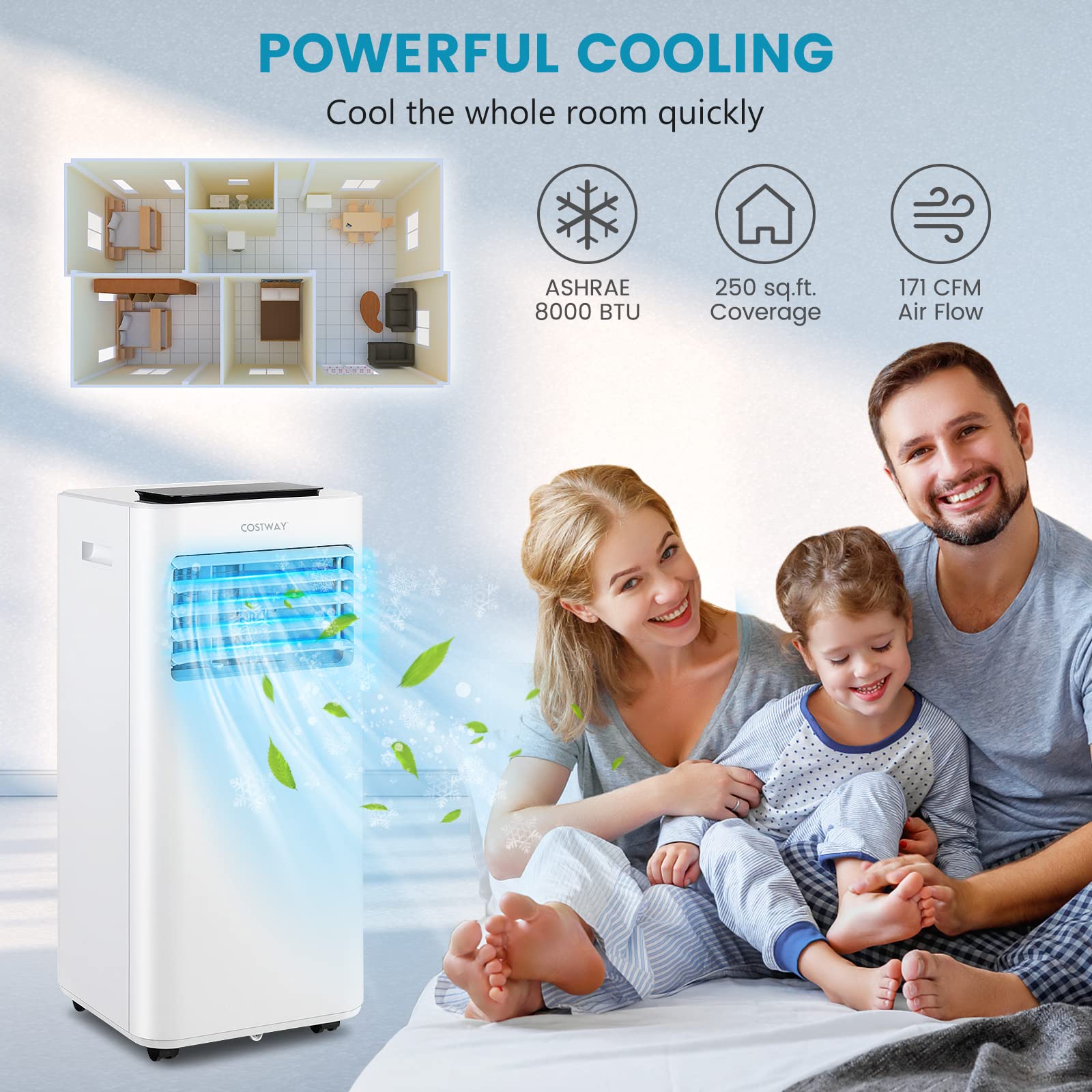 Costway 8000 Btu Portable Air Conditioner, 3 In 1 Ac Unit, Fan & Dehumidifier W/Sleep Mode, 24H Timer, Led Display, Child Lock,