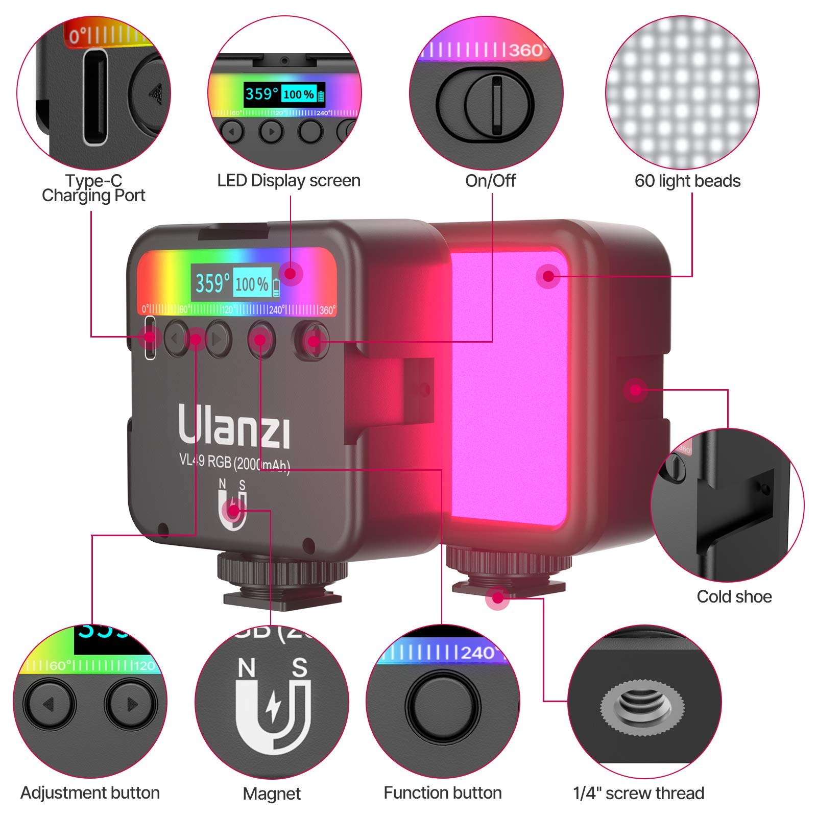 Ulanzi Vl49 Rgb Video Lights, Led Camera Light 360 Full Color Portable Photography Lighting W 3 Cold Shoe, 2000Mah Rechargeable