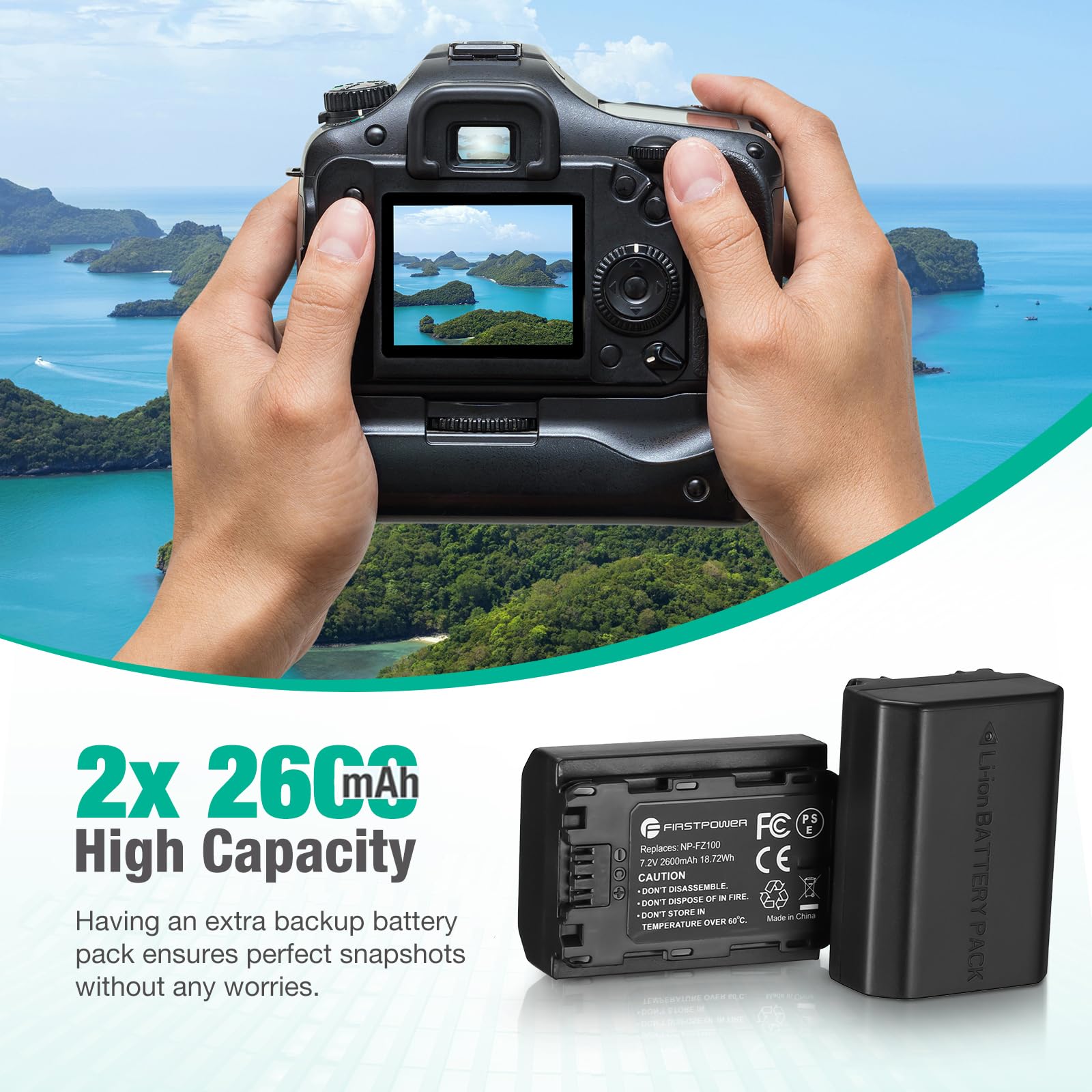 FirstPower NP-FZ100 Battery 2-Pack Dual USB Charger for Sony Alpha A7 III IV R III IV S III C A6600 A1 A9 FX3 FX30 ZV-E1 Cameras Black