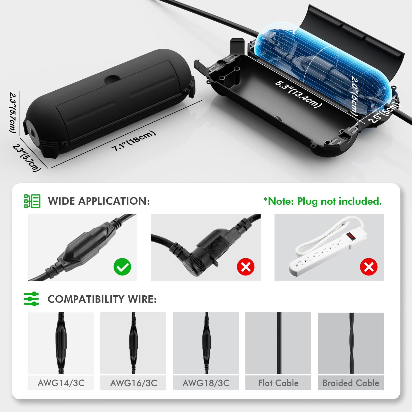 Restmo 2 Pack Compact IP44 Waterproof Outdoor Extension Cord Cover Plastic Black Small